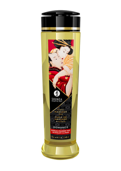 Shunga massageolie in gouden fles met zwarte dop, Romance-variantaanduiding