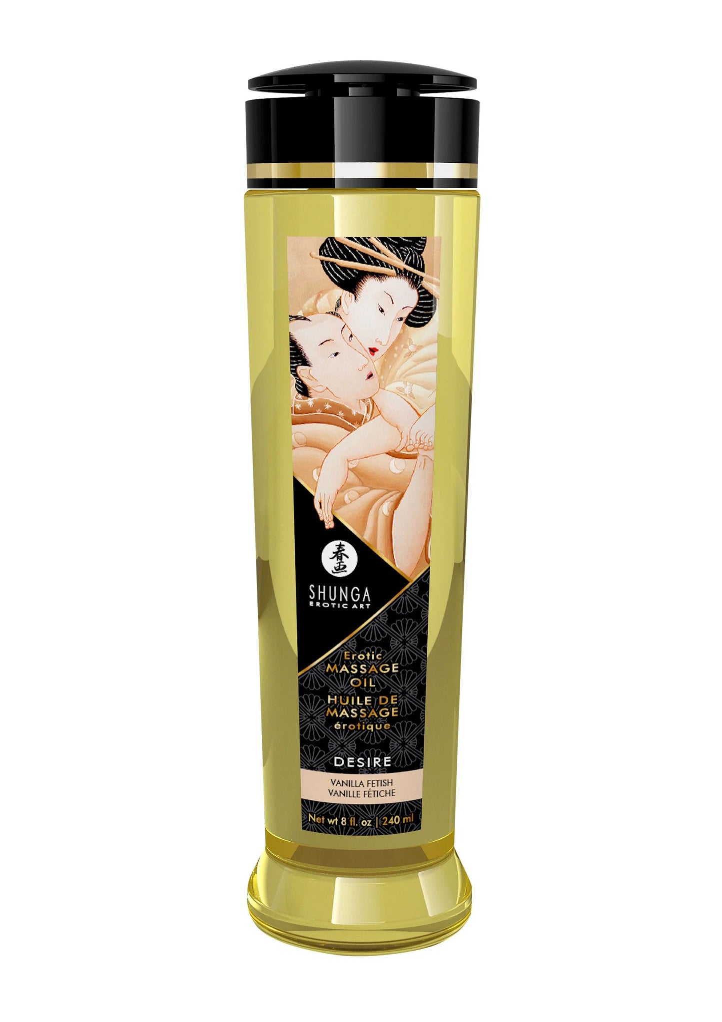Shunga massageolie in gouden fles met zwarte dop, Desire-variantaanduiding
