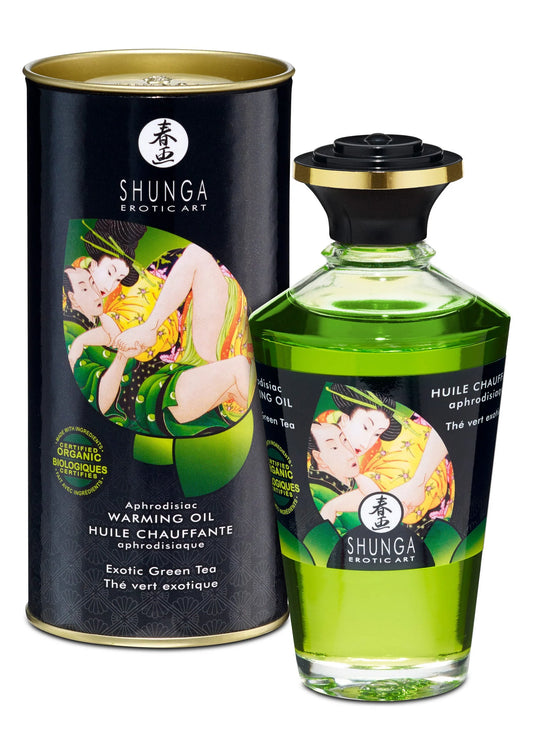 Shunga warmingolie fles 100 ml met dop, met blik met exotische groene thee