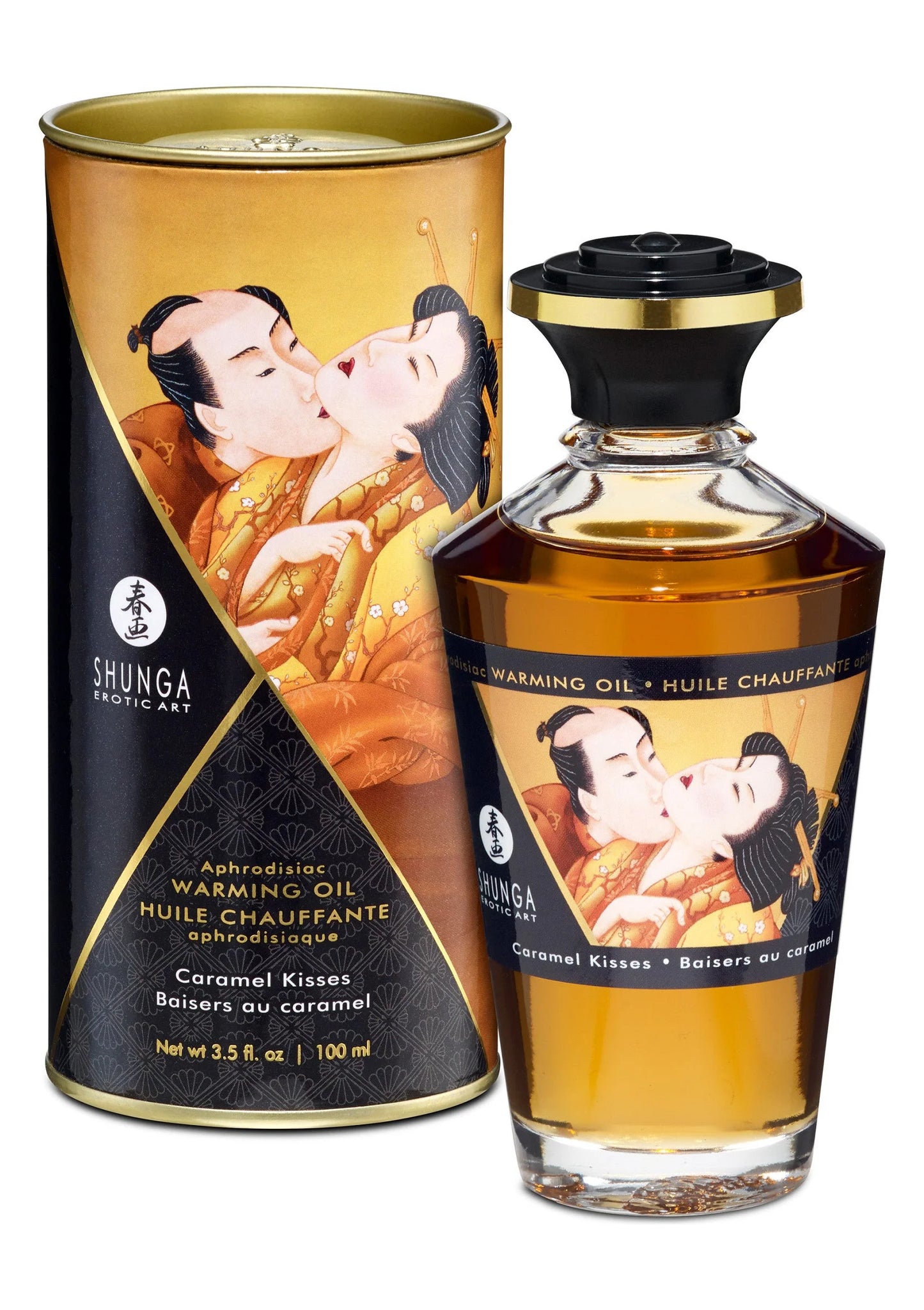Verwarmende olie 100 ml van Shunga: goudbruin blik en fles met caramel kisses