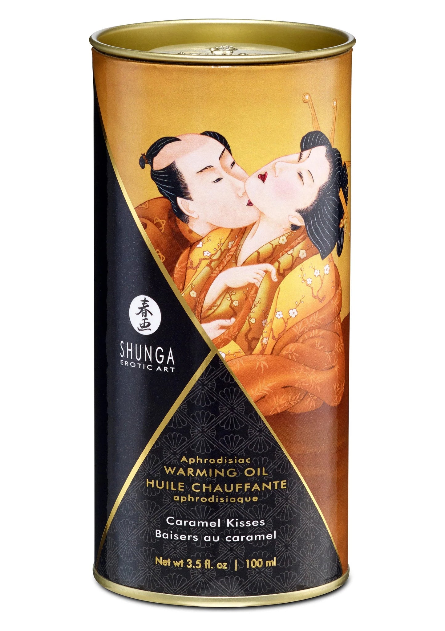 Shunga verwarmingsolie 100 ml blik, Caramel Kisses, oranje met gouden rand