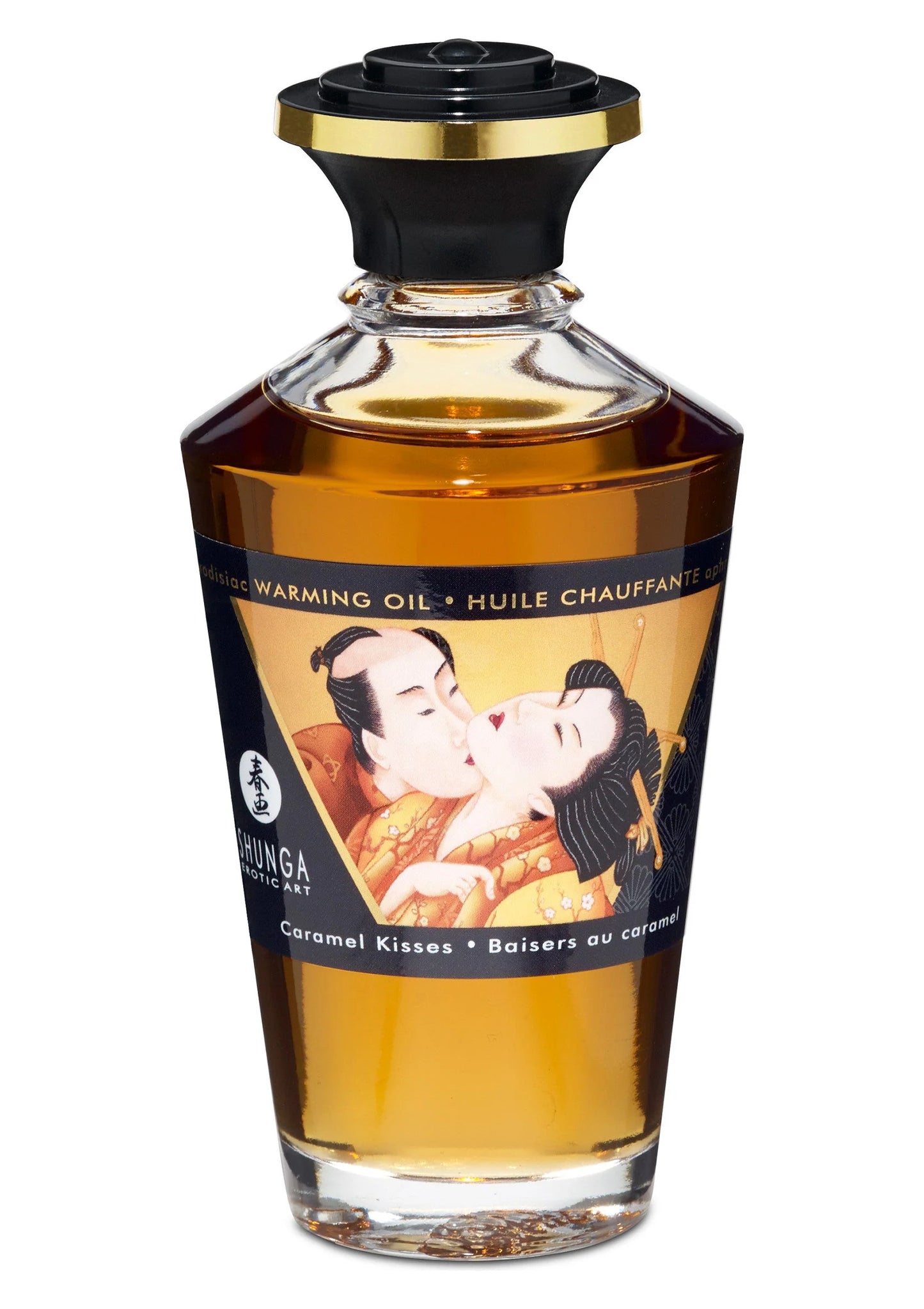 Shunga verwarmingsolie 100 ml fles, Caramel Kisses, amberkleurig, zwarte dop