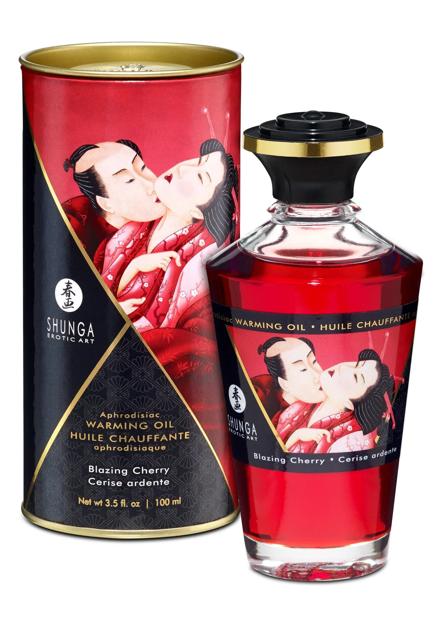 Warming olie Blazing Cherry, 100 ml, fles met zwarte dop en bijpassend blik