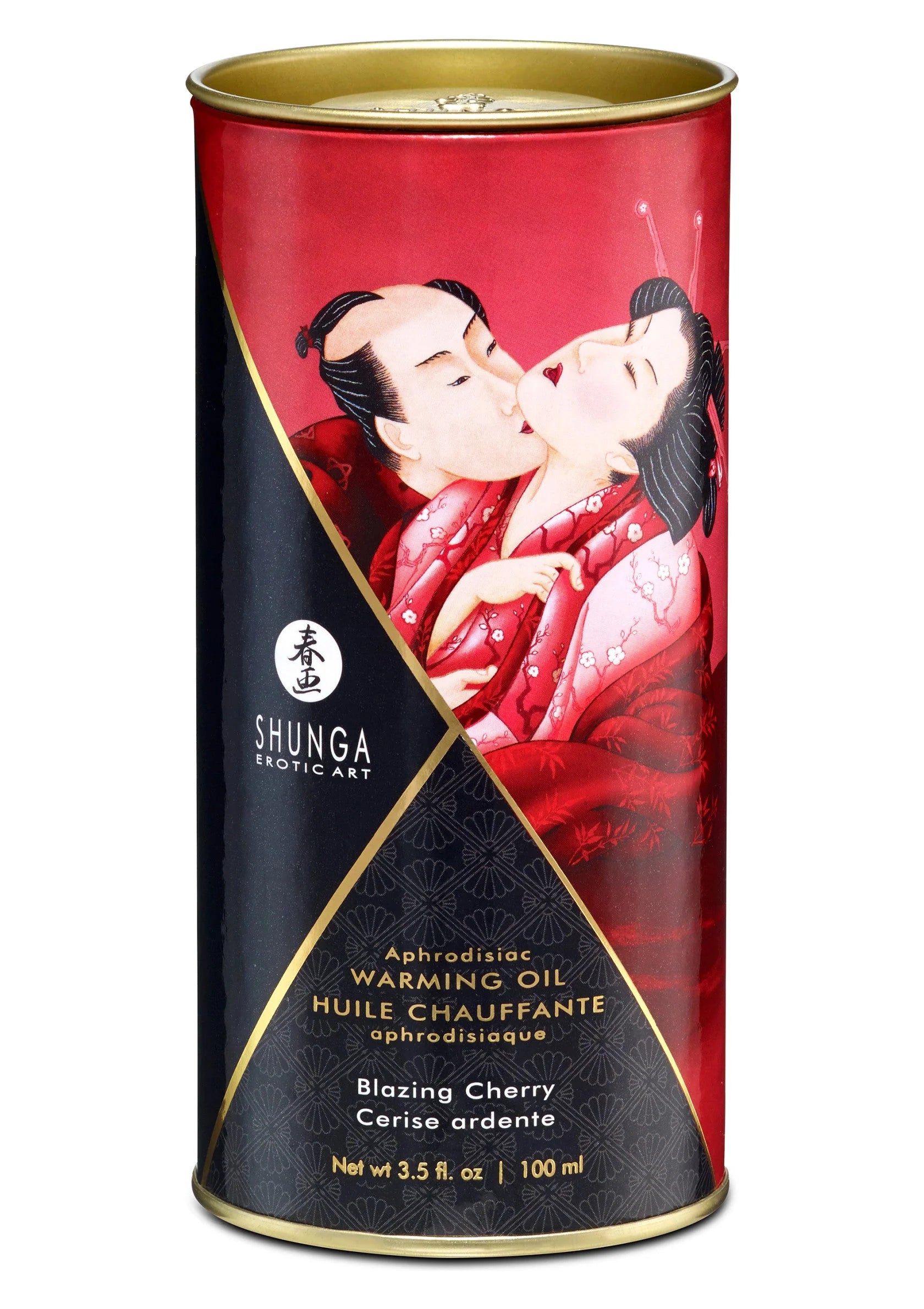 Warming olie Blazing Cherry in blik, 100 ml, rood etiket met zwarte en gouden diagonaal