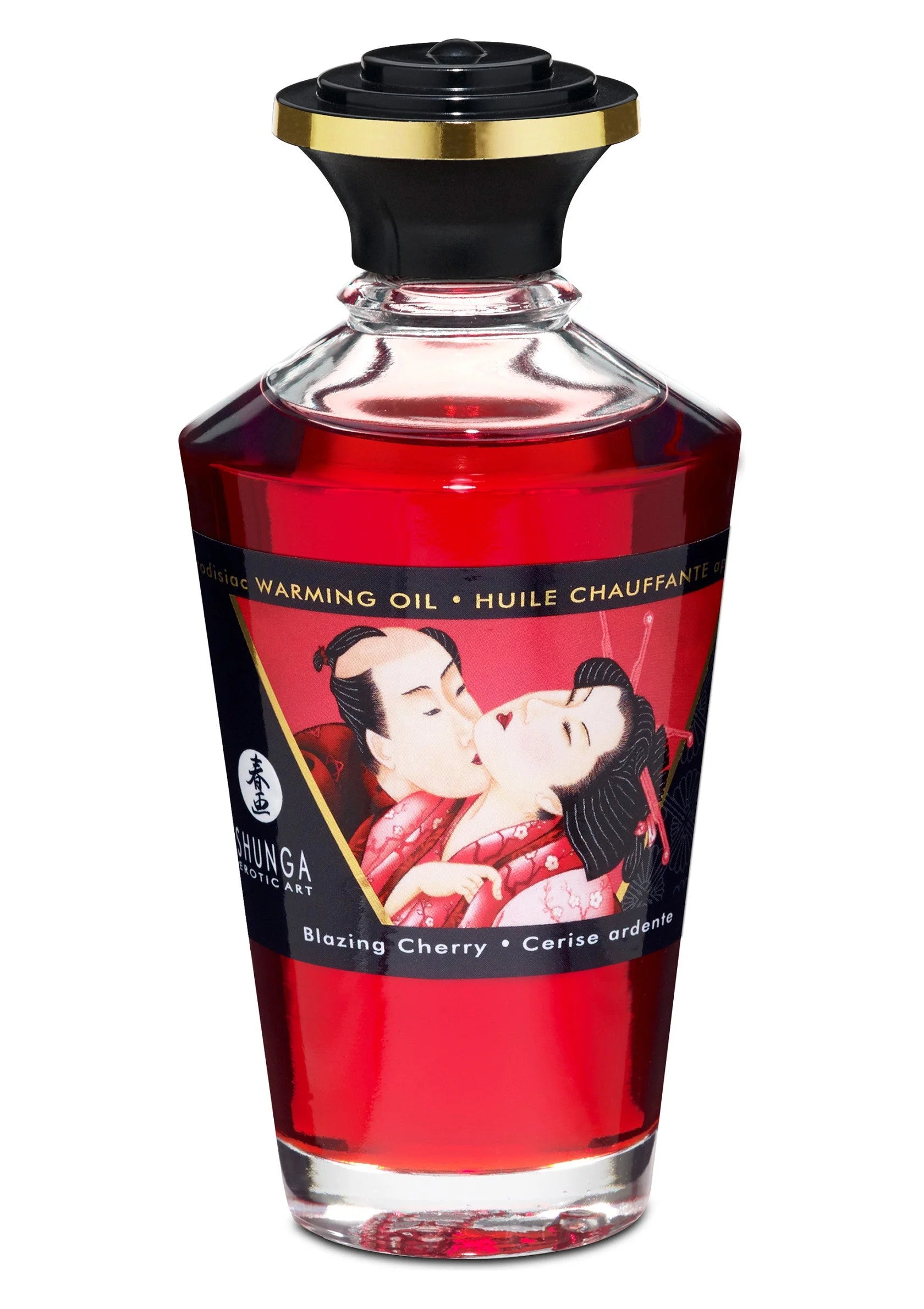 Verwarmingsolie van Shunga in 100 ml fles, Blazing Cherry, rood met zwarte dop