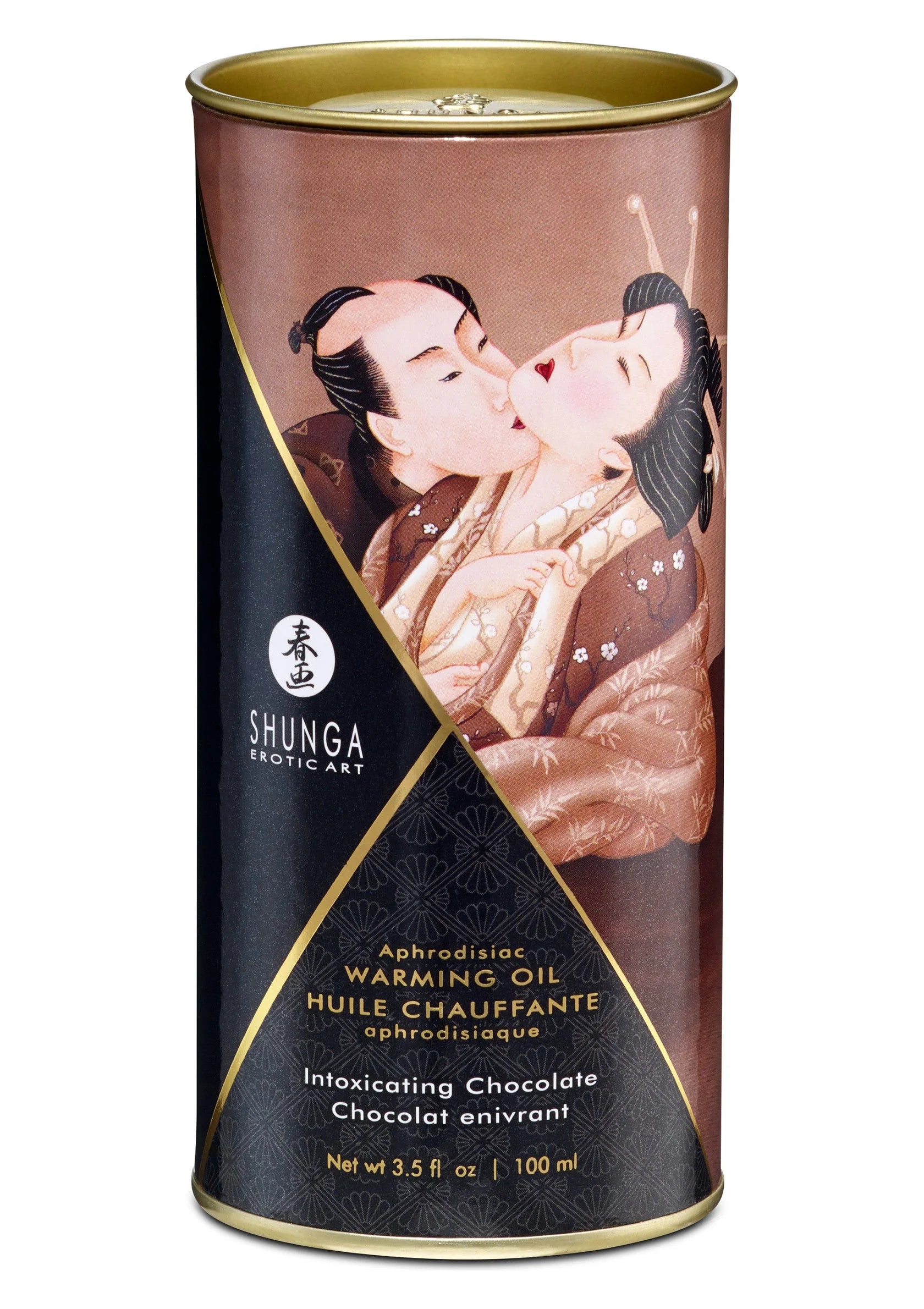 Shunga verwarmingsolie 100 ml blik, Intoxicating Chocolate, bruin met gouden rand