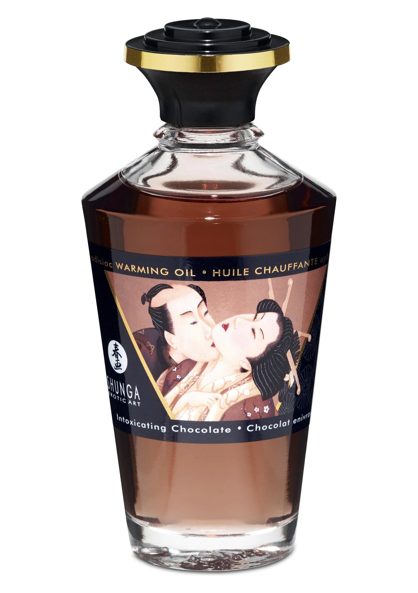 Shunga verwarmingsolie 100 ml fles, Intoxicating Chocolate, bruin doorschijnend, zwarte dop