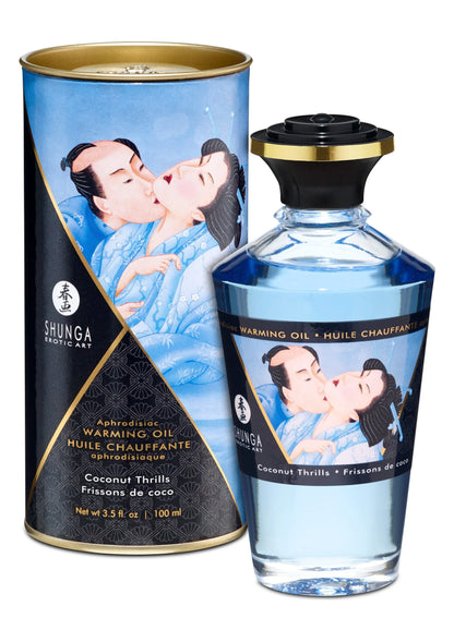 Verwarmende olie 100 ml van Shunga: lichtblauw blik en fles met coconut thrills