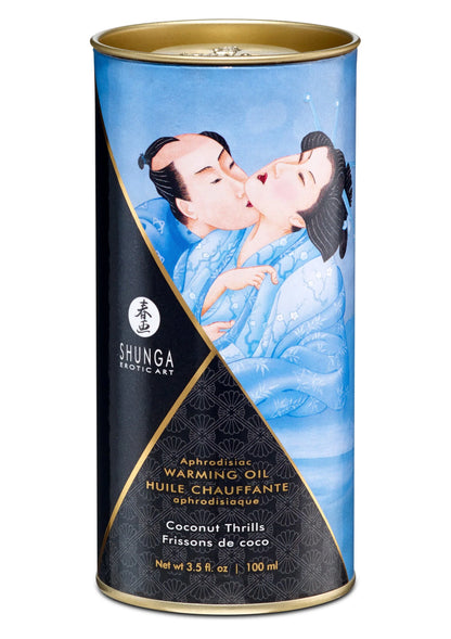 Shunga verwarmingsolie 100 ml blik, Coconut Trills, lichtblauw met gouden rand