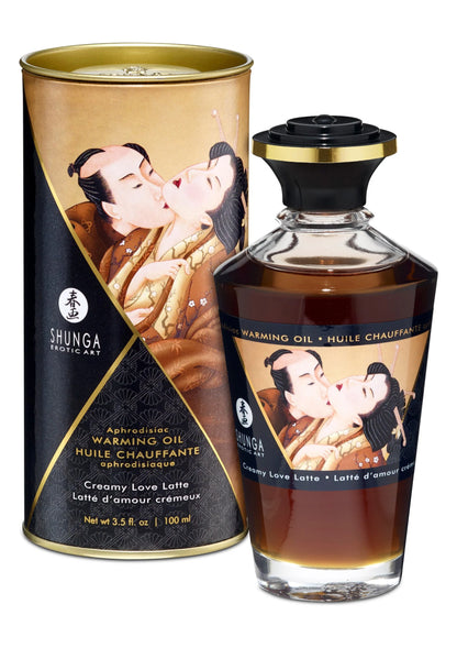 Verwarmende olie 100 ml van Shunga: bruin/goud blik en fles met love latte