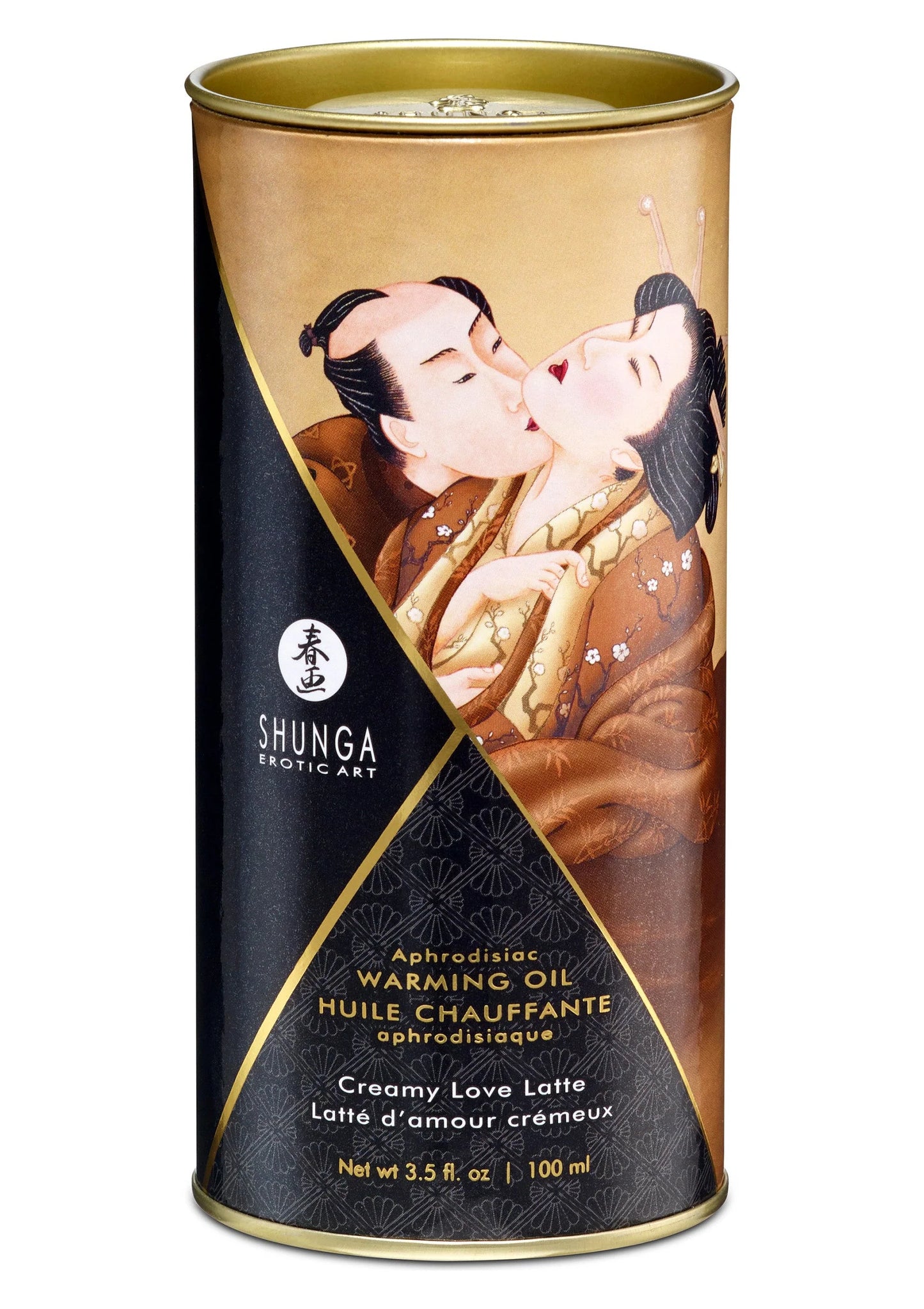 Shunga verwarmingsolie 100 ml blik, Creamy Love Latte, beige met gouden rand