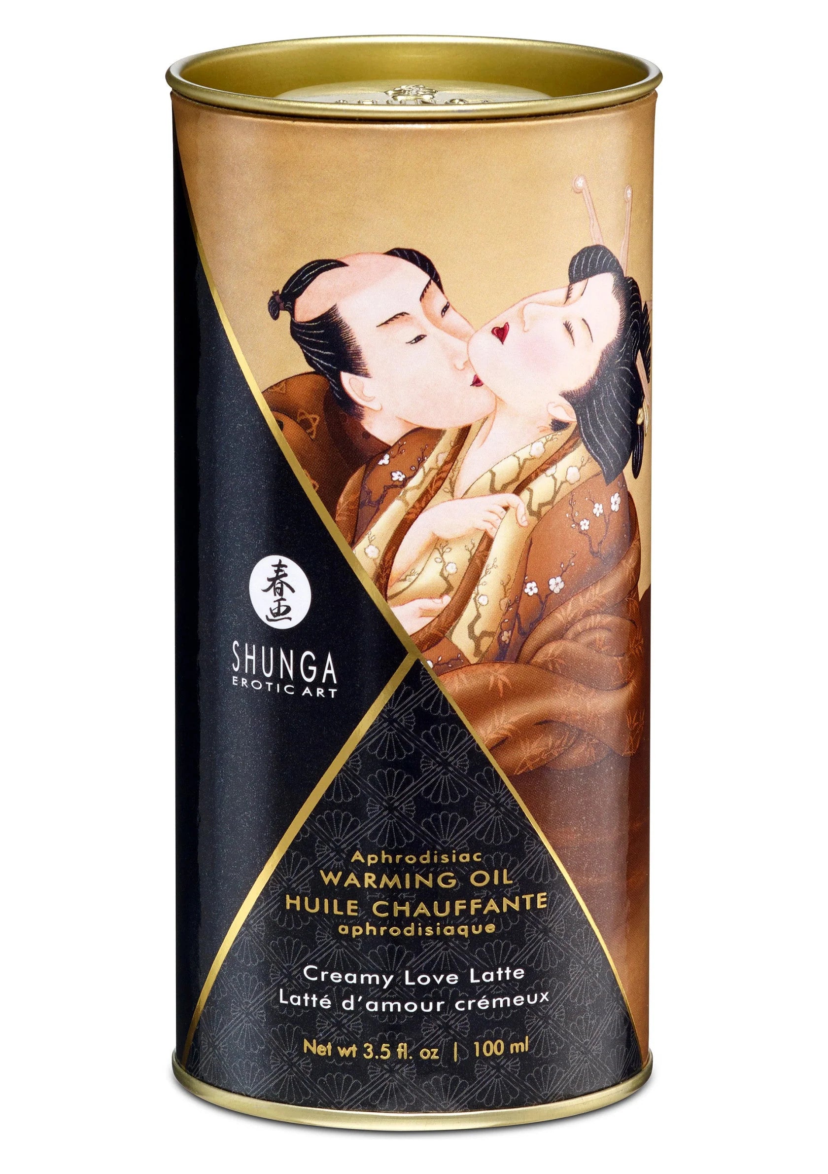 Verwarmende massageolie van Shunga in bruin blik met gouden rand, 100 ml.