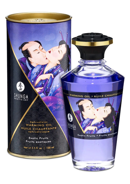 Verwarmende olie 100 ml van Shunga: blauw blik en fles met exotic fruits