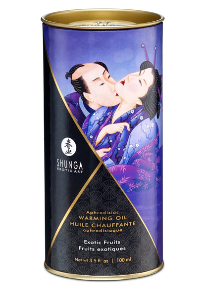 Shunga verwarmingsolie 100 ml blik, Exotic Fruits, blauw/paarse illustratie