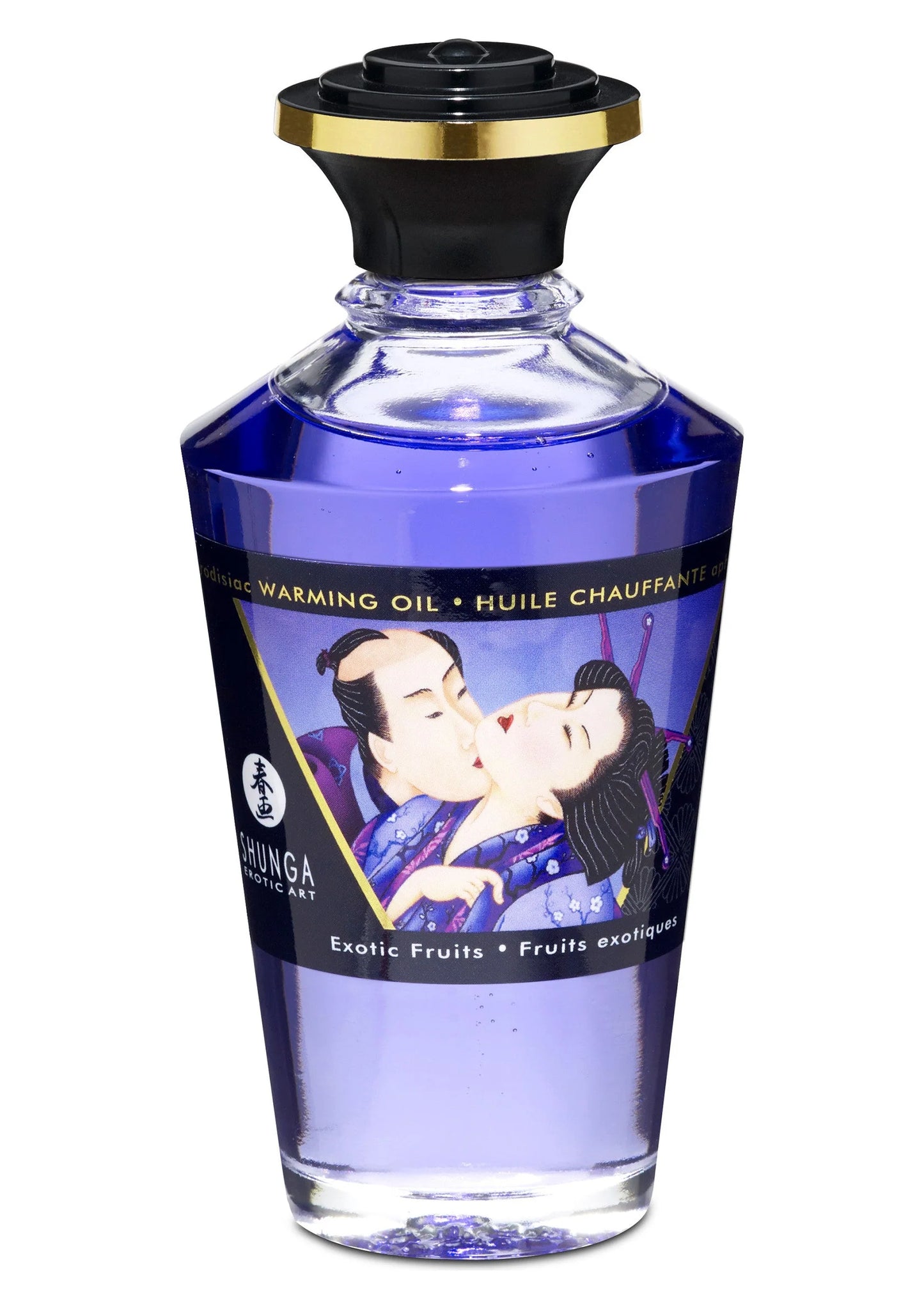 Shunga verwarmingsolie 100 ml fles, Exotic Fruits, transparant blauw, zwarte dop