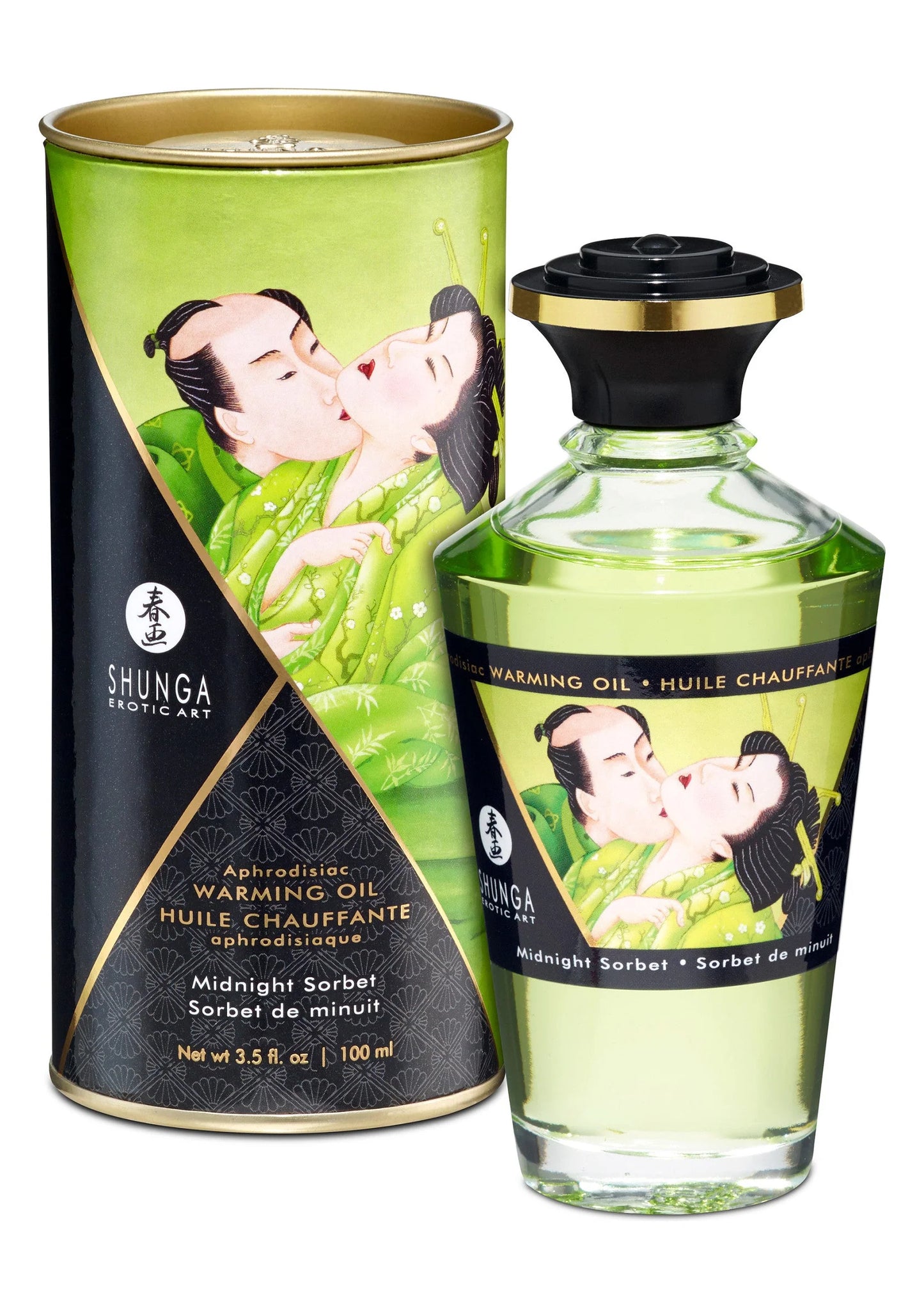 Verwarmende olie 100 ml van Shunga: groen flesje met zwarte dop en midnight sorbet-blik
