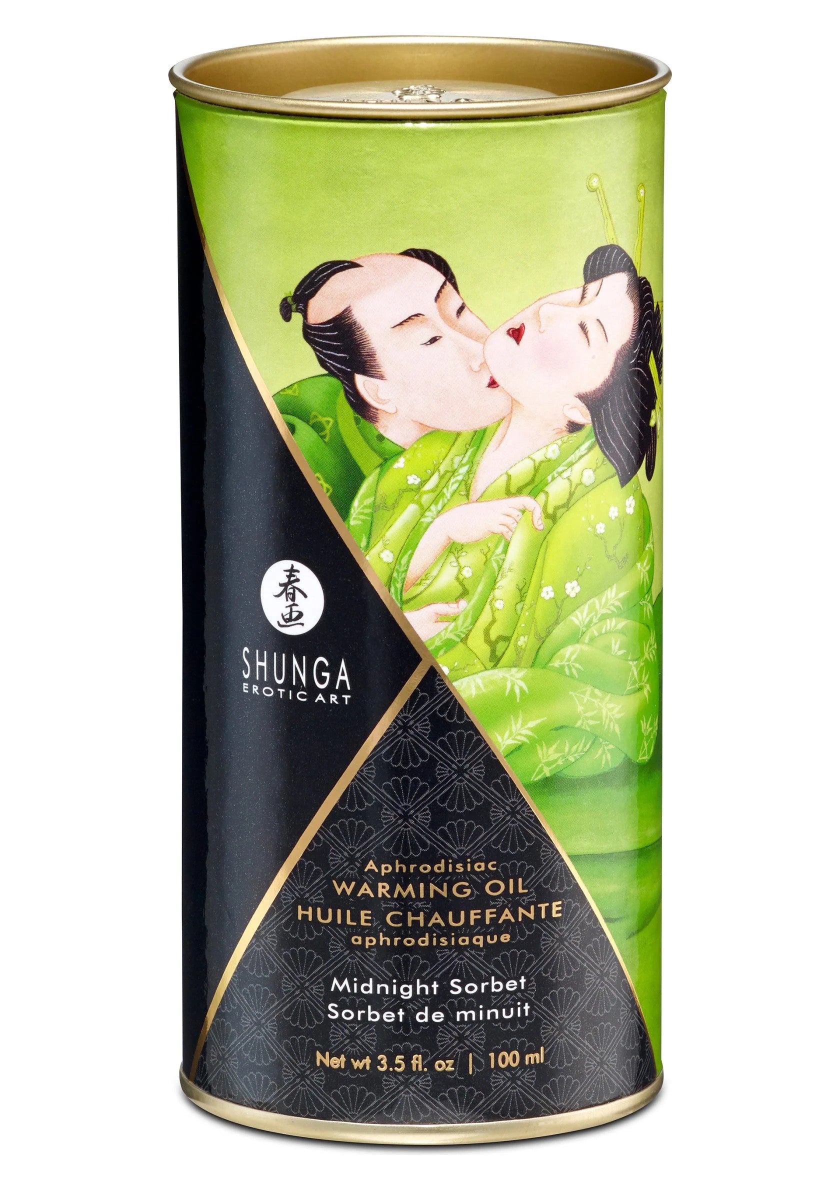 Verwarmende olie 100 ml van Shunga: groen blik en fles met midnight sorbet