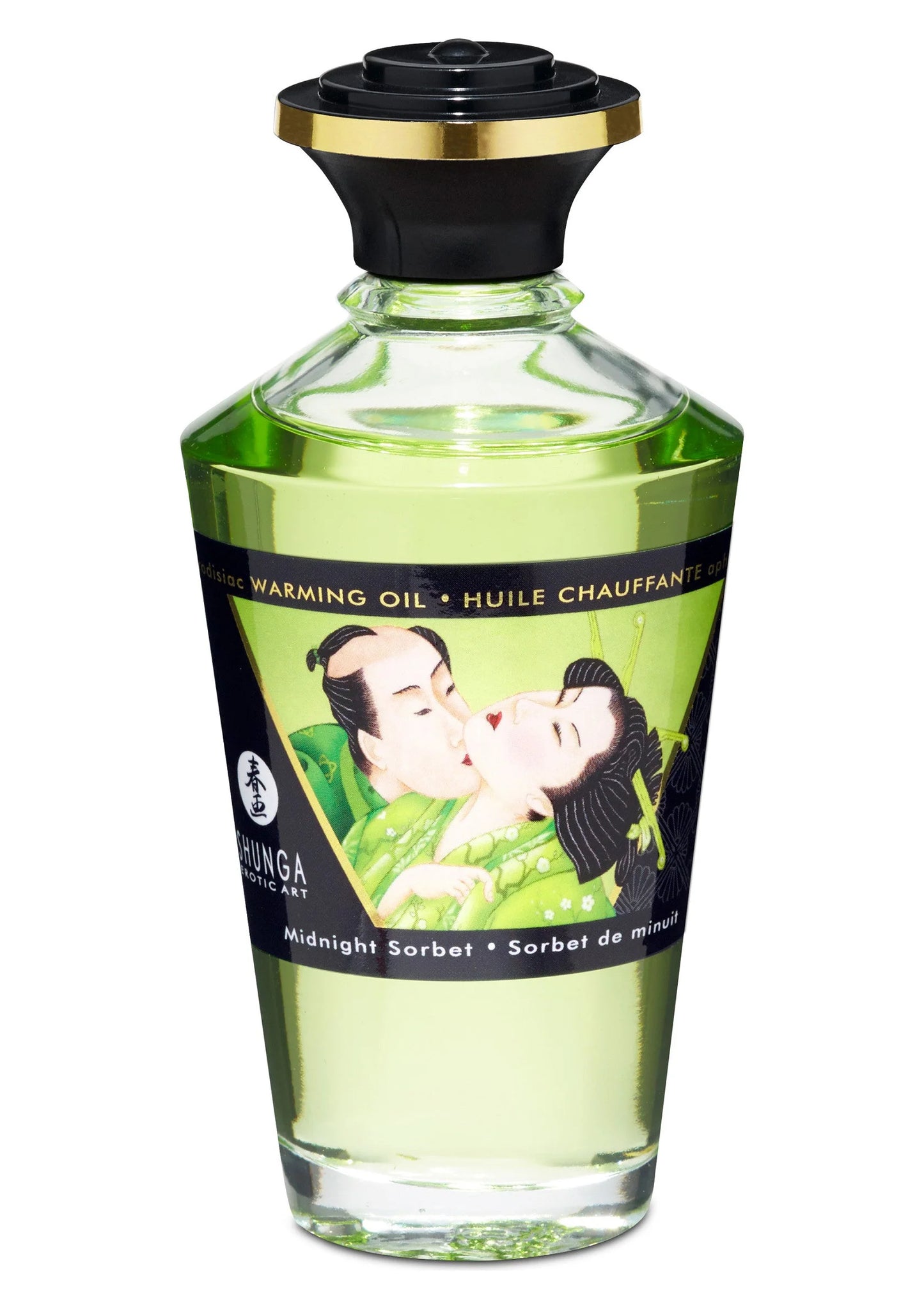 Warming olie Midnight Sorbet, 100 ml, groene fles met zwarte en gouden dop