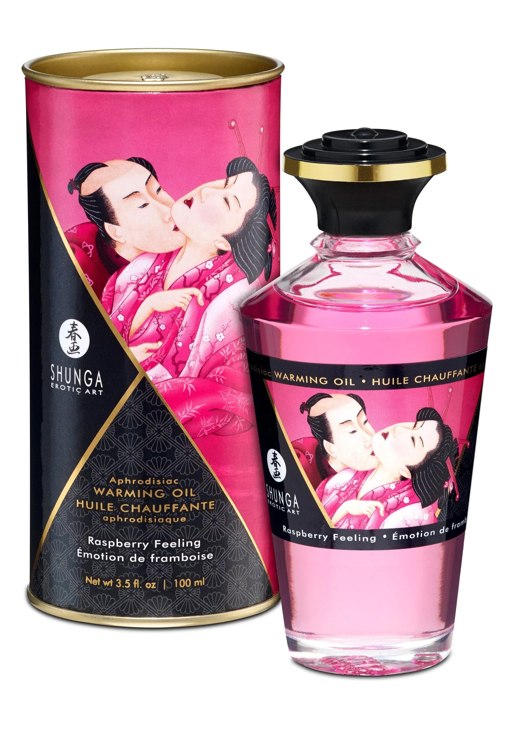 Verwarmende olie 100 ml van Shunga: roze blik en fles met raspberry feeling