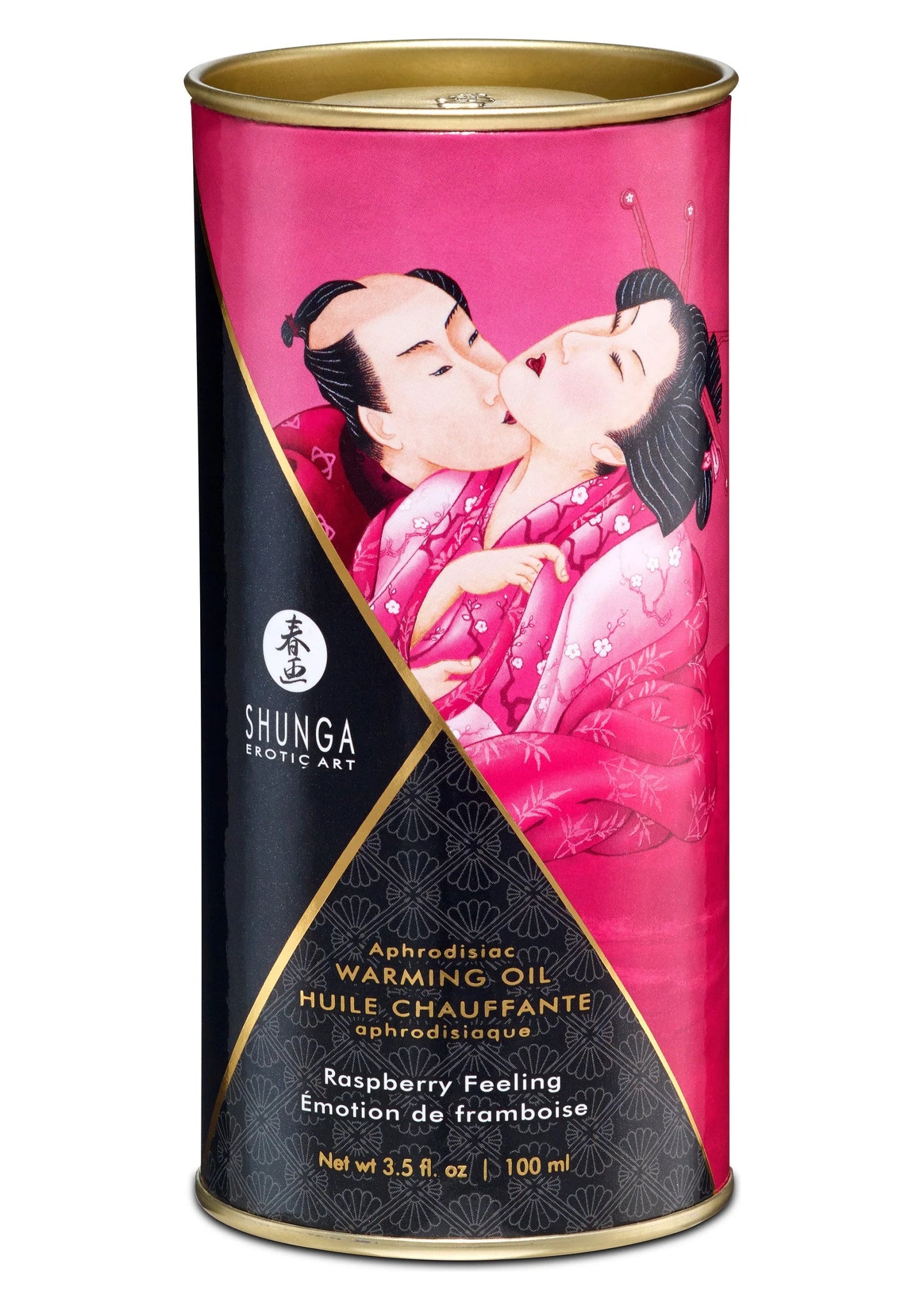 Warming olie Raspberry Feeling in blik, 100 ml, roze/rood label met gouden rand