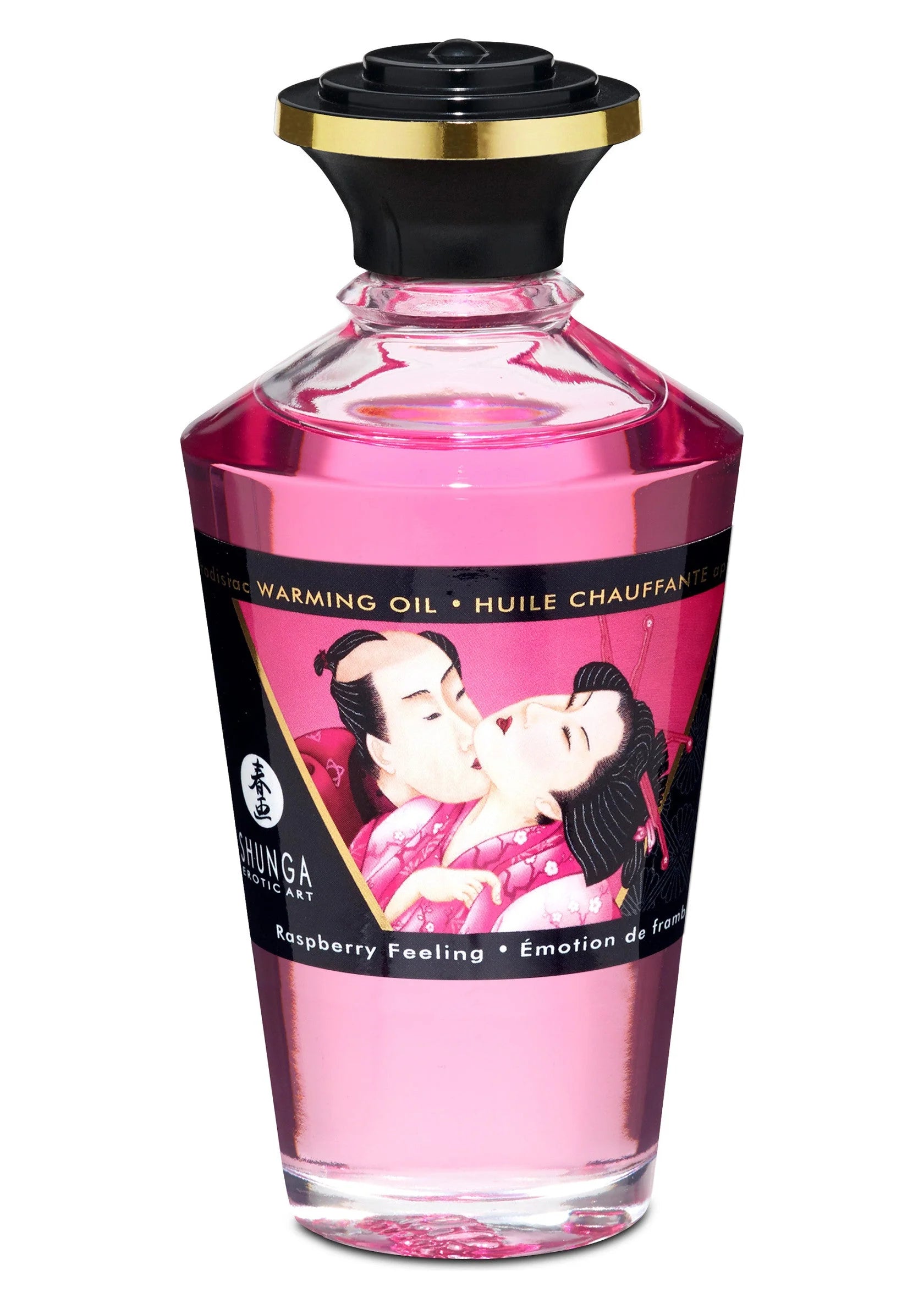Warming olie Raspberry Feeling, 100 ml, roze fles met zwarte en gouden dop