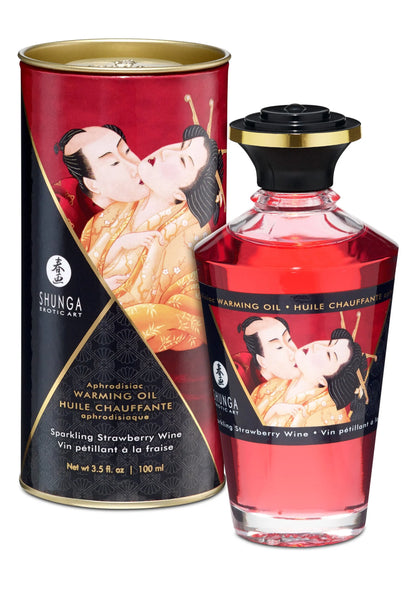 Verwarmende olie 100 ml van Shunga: rood blik en fles met strawberry wine