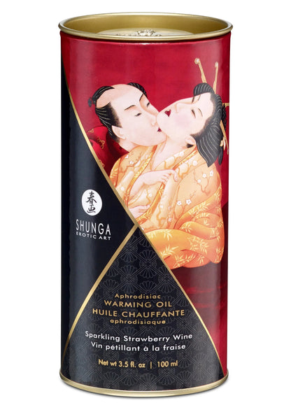 Warming olie Sparkling Strawberry Wine in blik, 100 ml, geel/oranje tinten op etiket