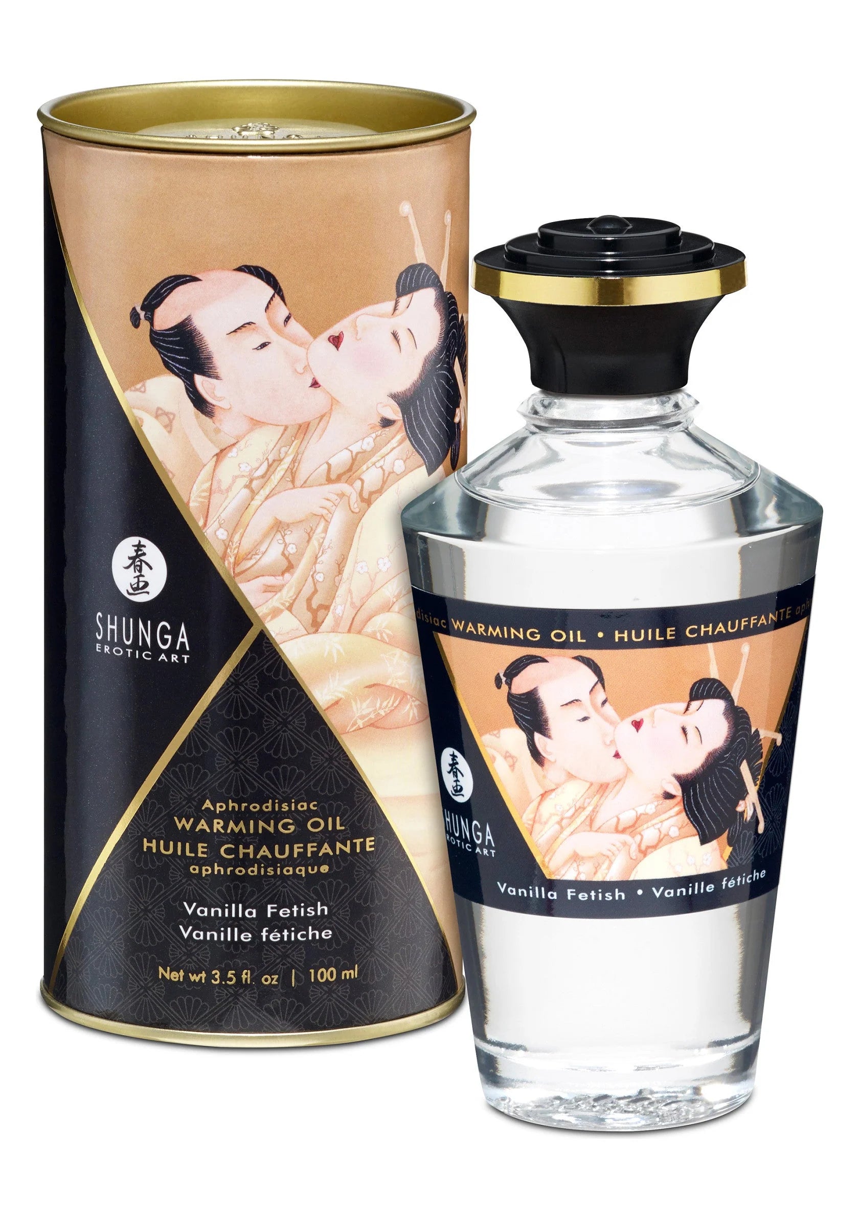 Verwarmende olie 100 ml van Shunga: wit/beige blik en fles met vanilla finish