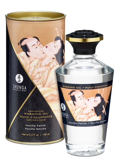 Shunga verwarmende afrodisiaca olie in blik en fles, helder glas, 100 ml