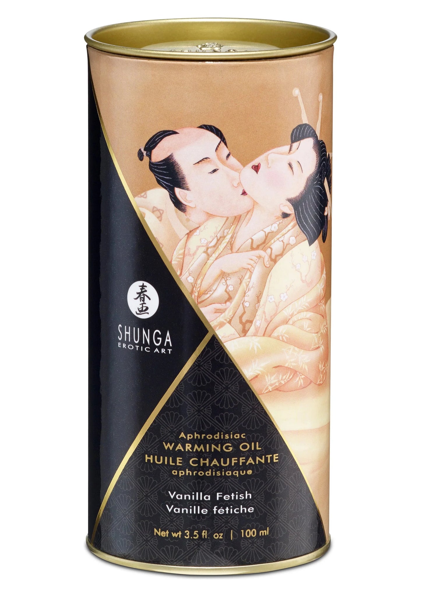Warming olie Vanilla Fetish in blik, 100 ml, beige/gouden tinten met zwarte hoek