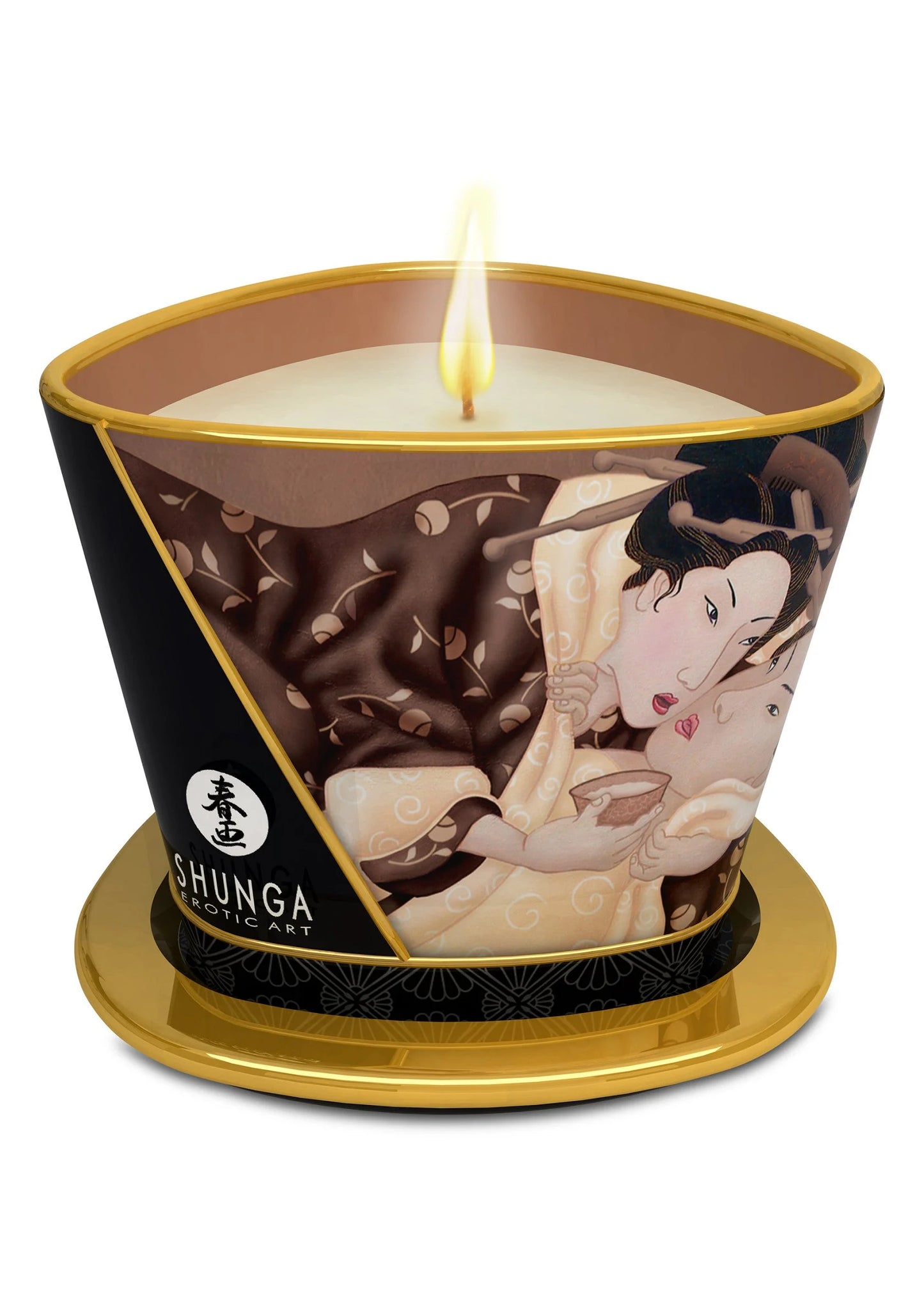 Shunga massagekaars met brandende vlam in bruine pot met gouden rand, 170 ml.