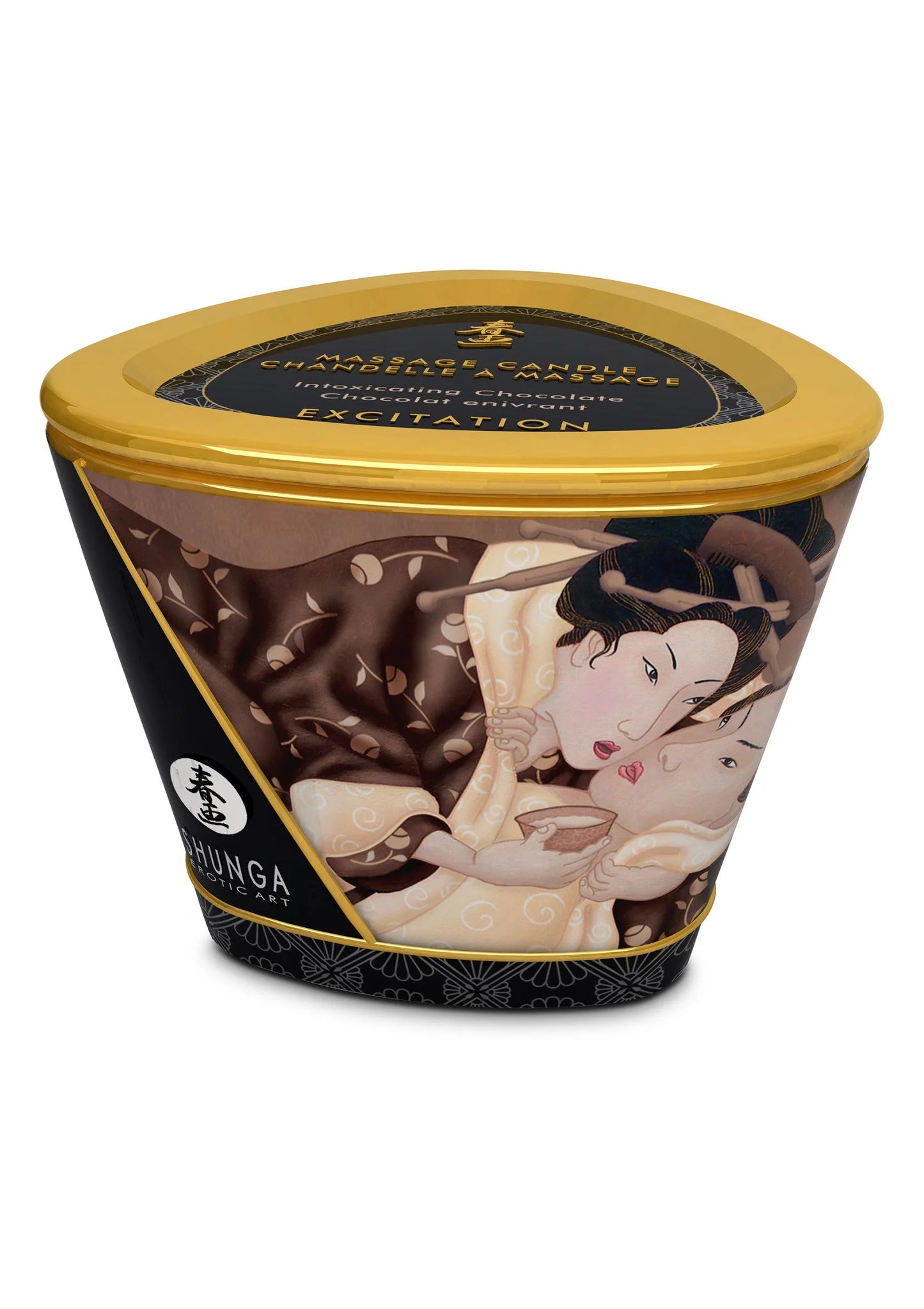 Massagekaars Shunga 170 ml in donkerbruine pot met gouden deksel en decor met figuren