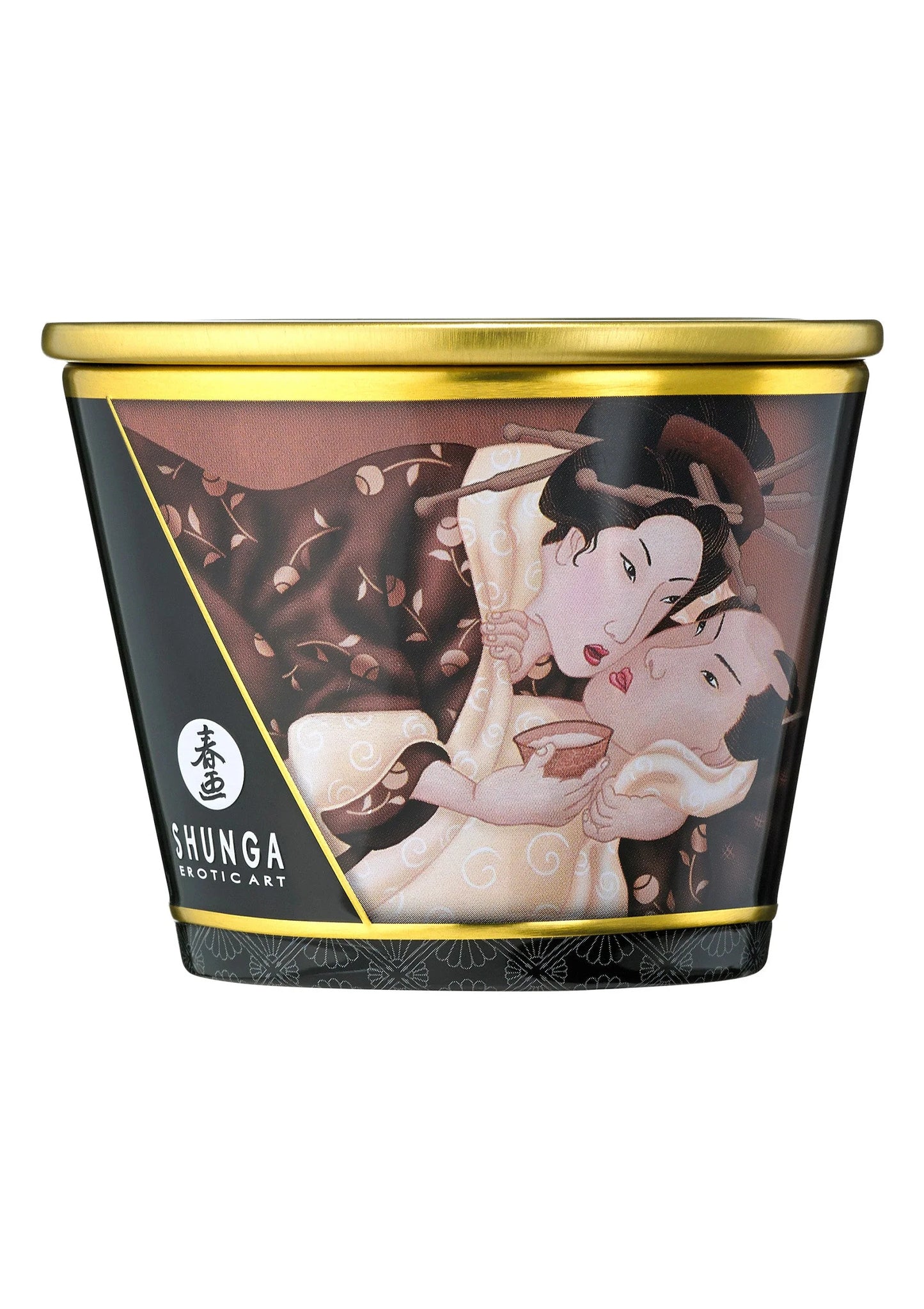 Massagekaars Shunga 170 ml in rode pot met gouden deksel en decor met figuren