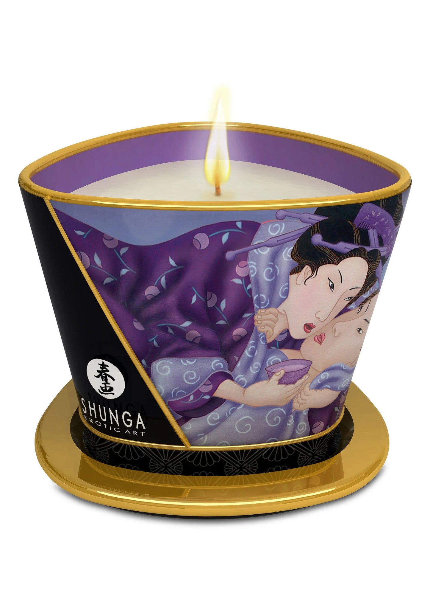 Massagekaars Shunga 170 ml in paarse pot met gouden deksel en brandende vlam