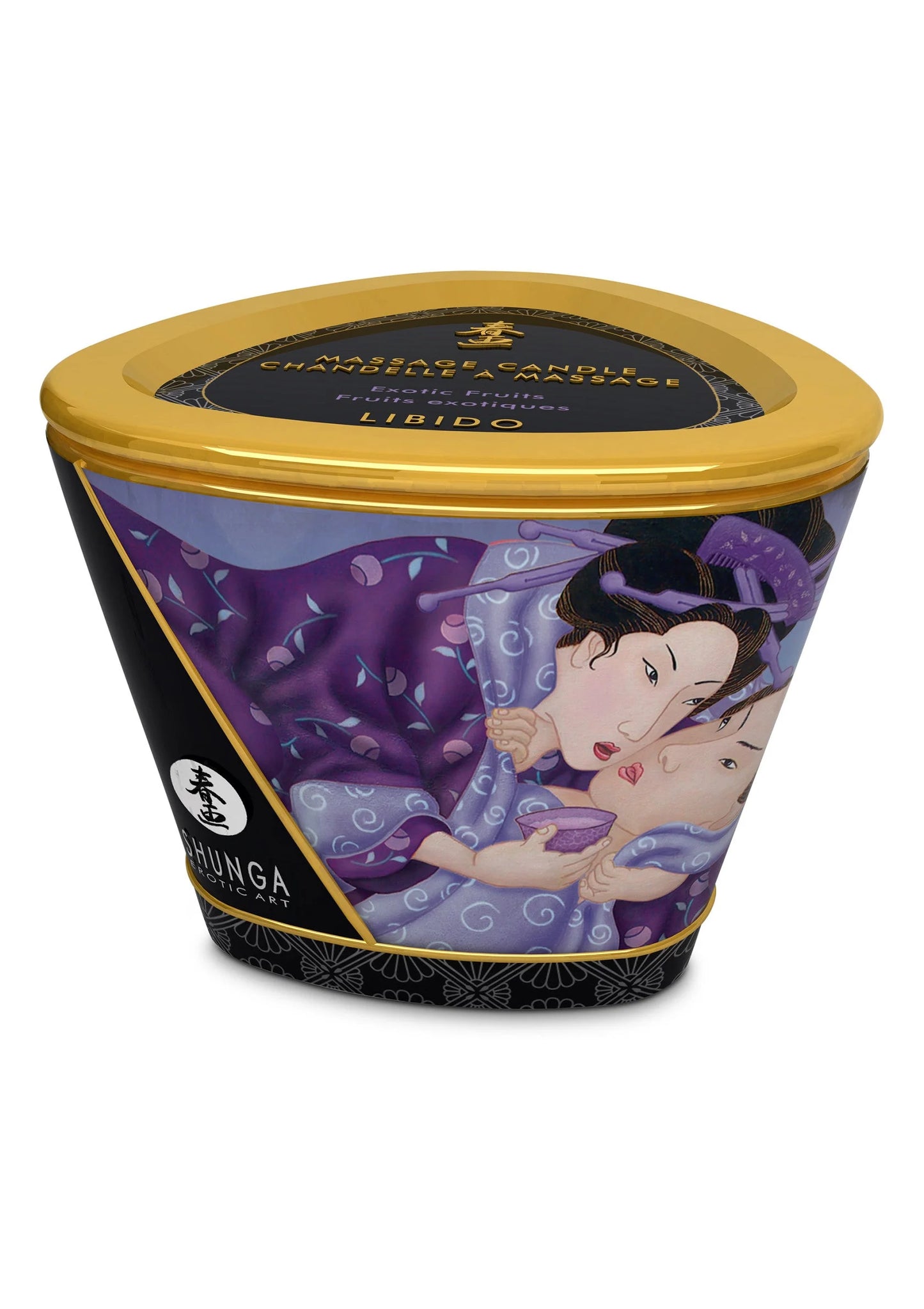 Massagekaars Shunga 170 ml in paarse pot met gouden deksel en decor met figuren