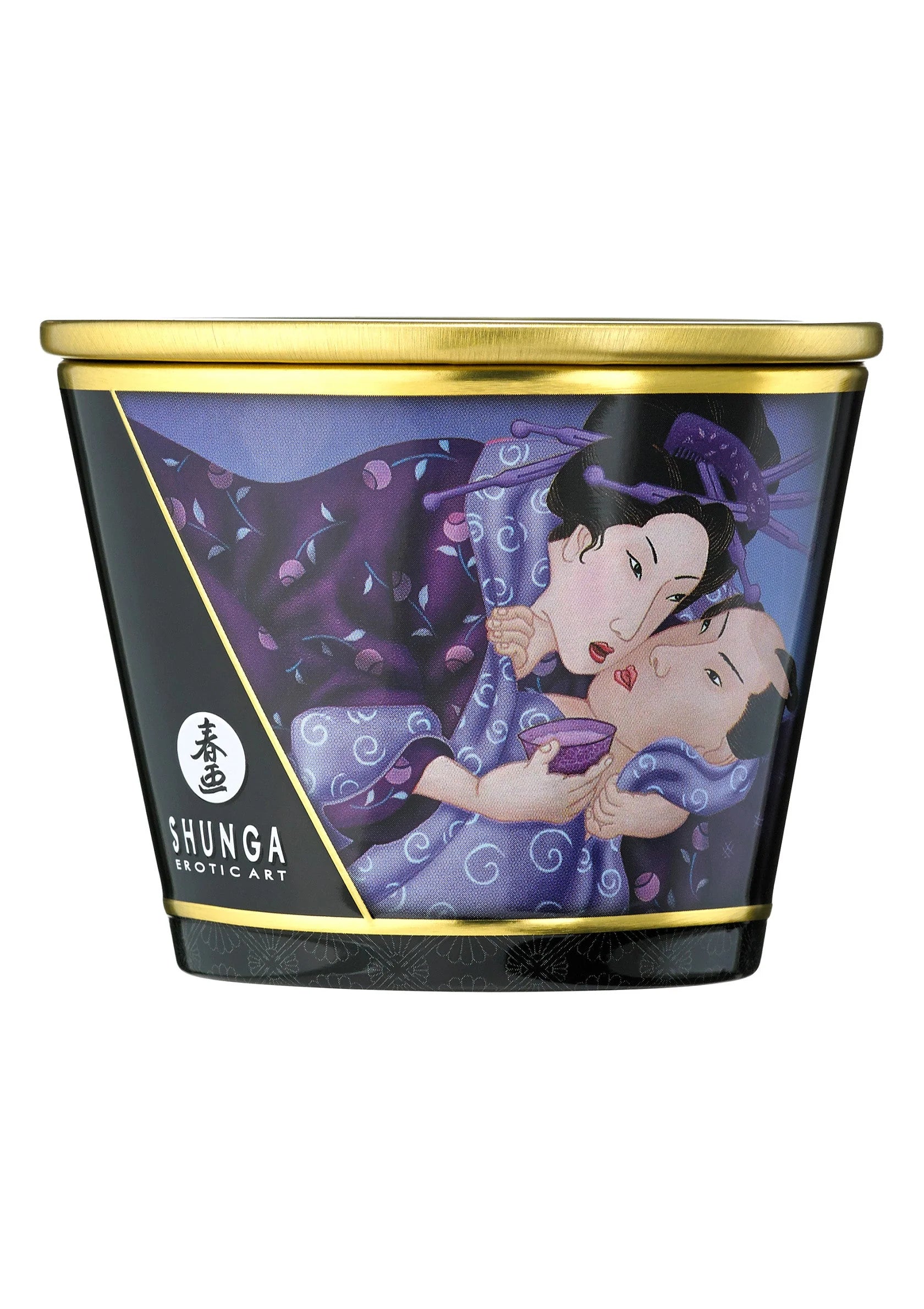 Massagekaars Shunga 170 ml in paarse pot met gouden deksel en decor met figuren