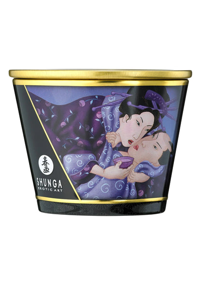 Massagekaars Shunga 170 ml in paarse pot met gouden deksel en decor met figuren