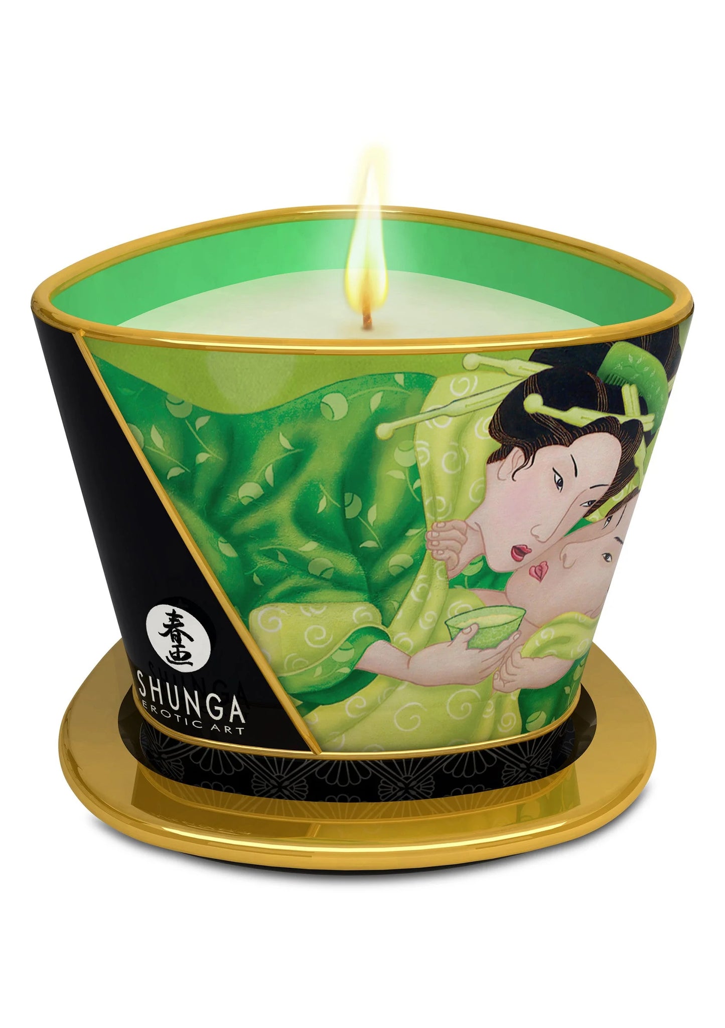 Shunga massagekaars met brandende vlam in groene pot met gouden rand, 170 ml.