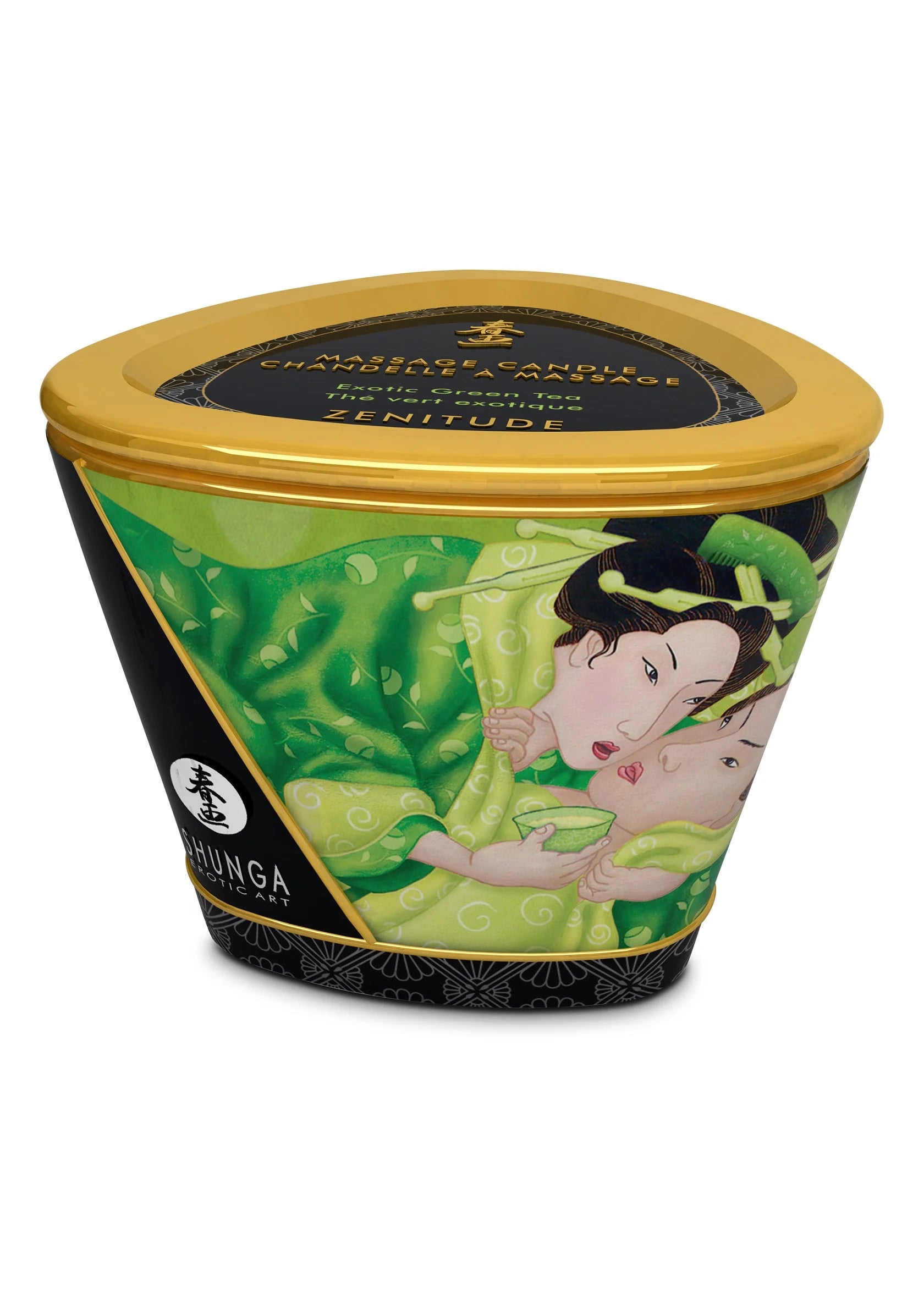 Shunga massagekaars in zwarte pot met groene illustratie en gouden deksel, 170 ml.