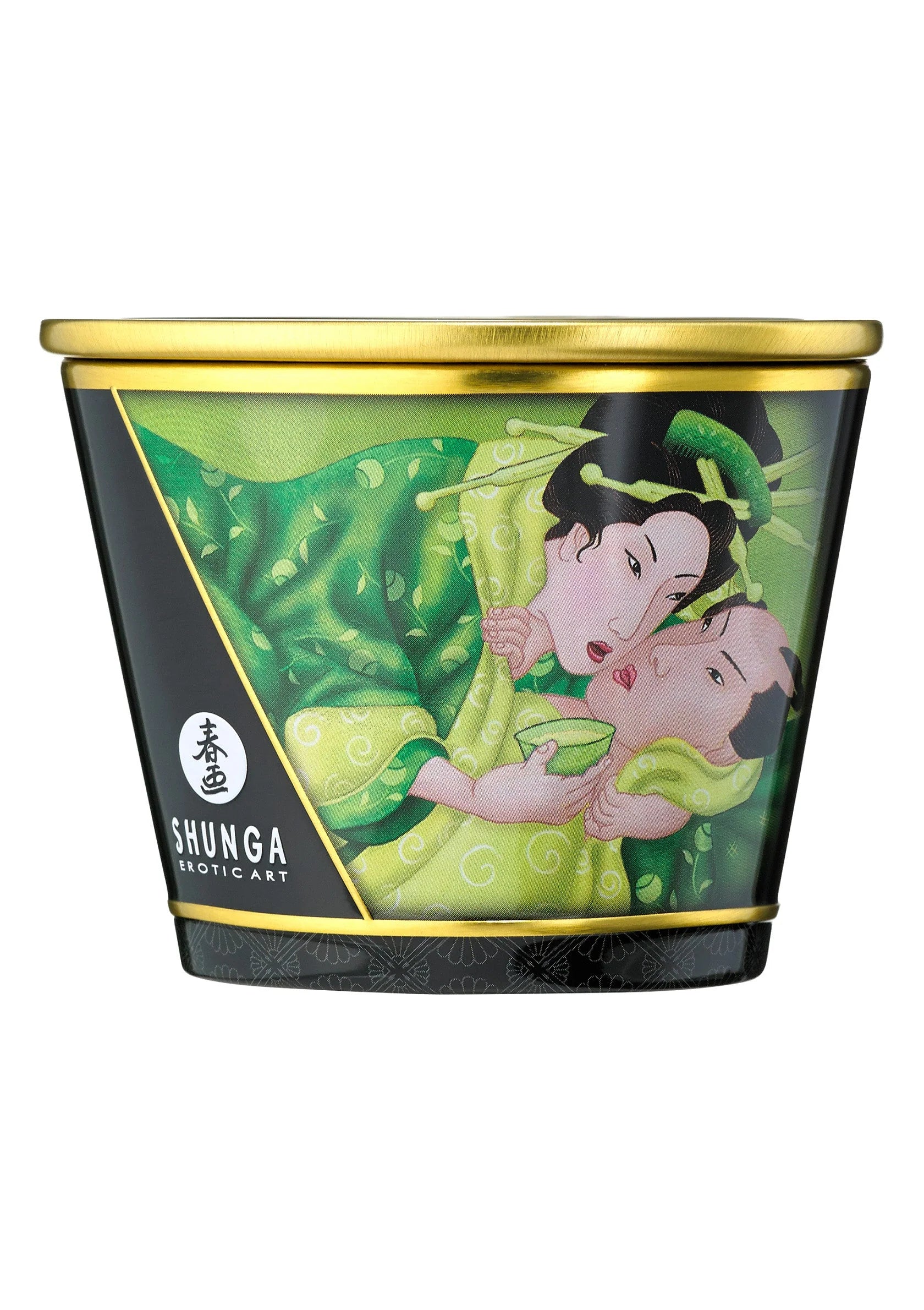 Shunga massagekaars in zwarte pot met groene illustratie, gouden deksel bovenop, 170 ml.