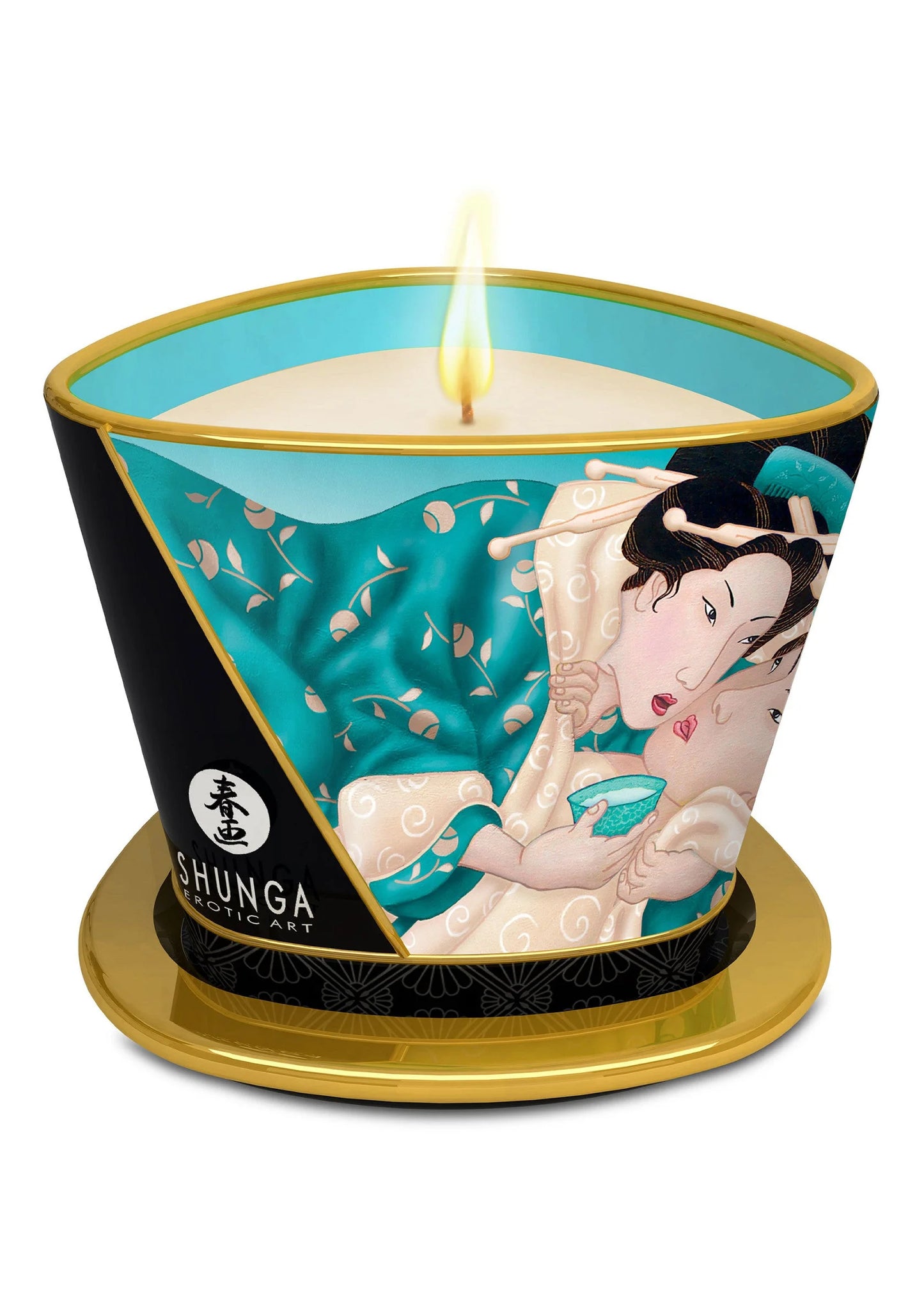 Massagekaars Shunga met kaarsvlam, blauwgroene decoratieve illustratie, zwarte houder en goudkleurige voet.