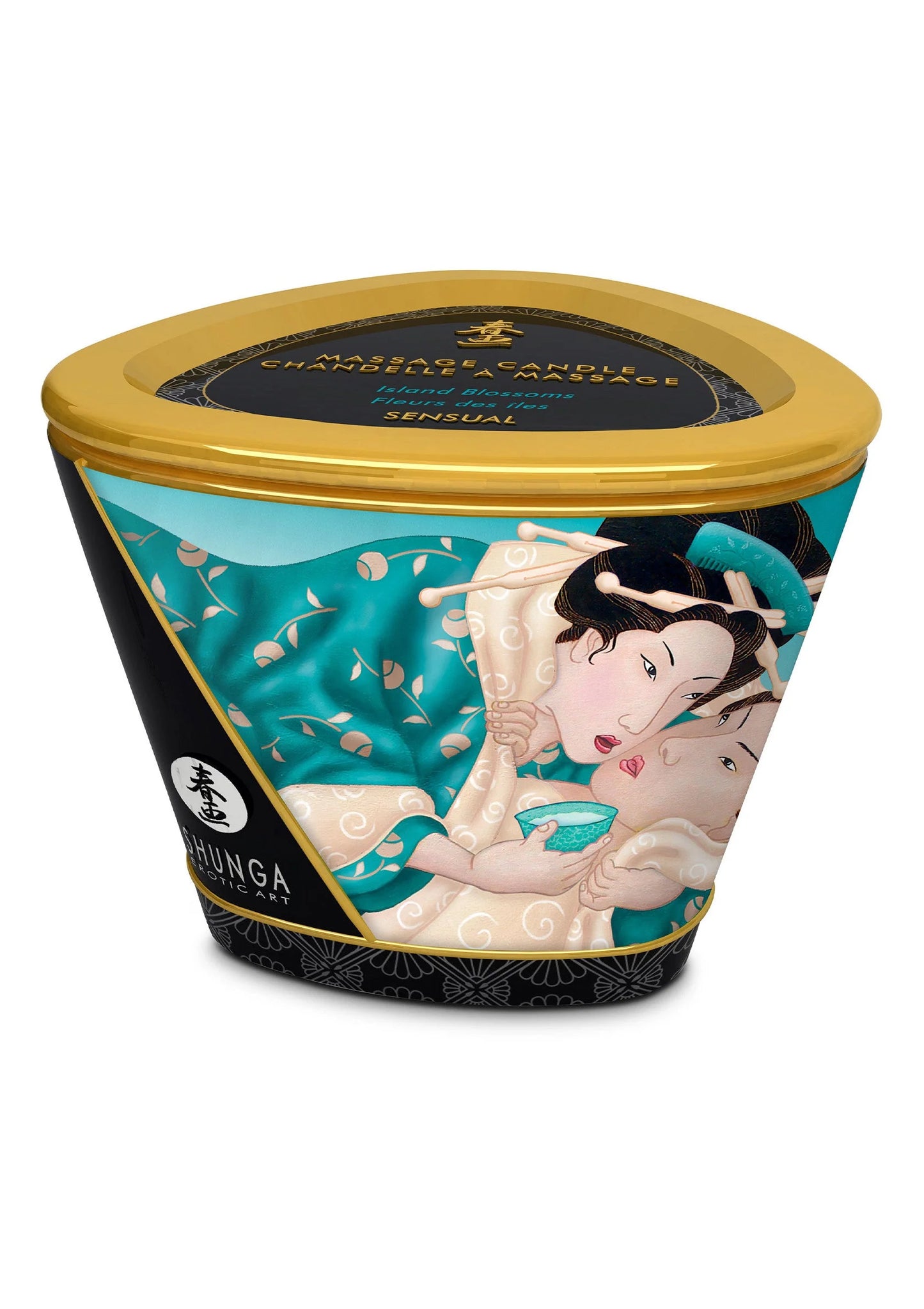 Shunga massagekaars in zwarte pot met blauw/turquoise illustratie en gouden deksel, 170 ml.
