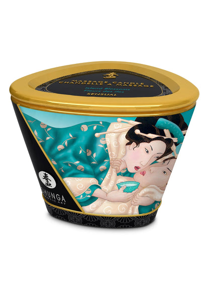 Shunga massagekaars in zwarte pot met blauw/turquoise illustratie en gouden deksel, 170 ml.