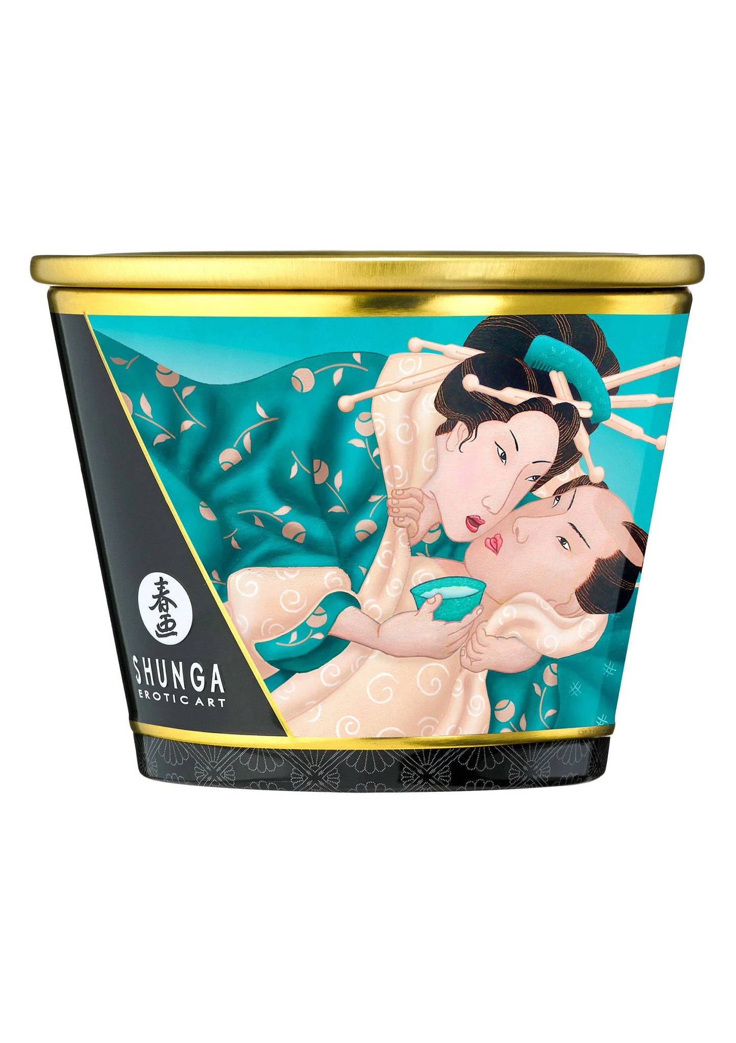 Massagekaars Shunga 170 ml in teal pot met gouden deksel en decor met figuren