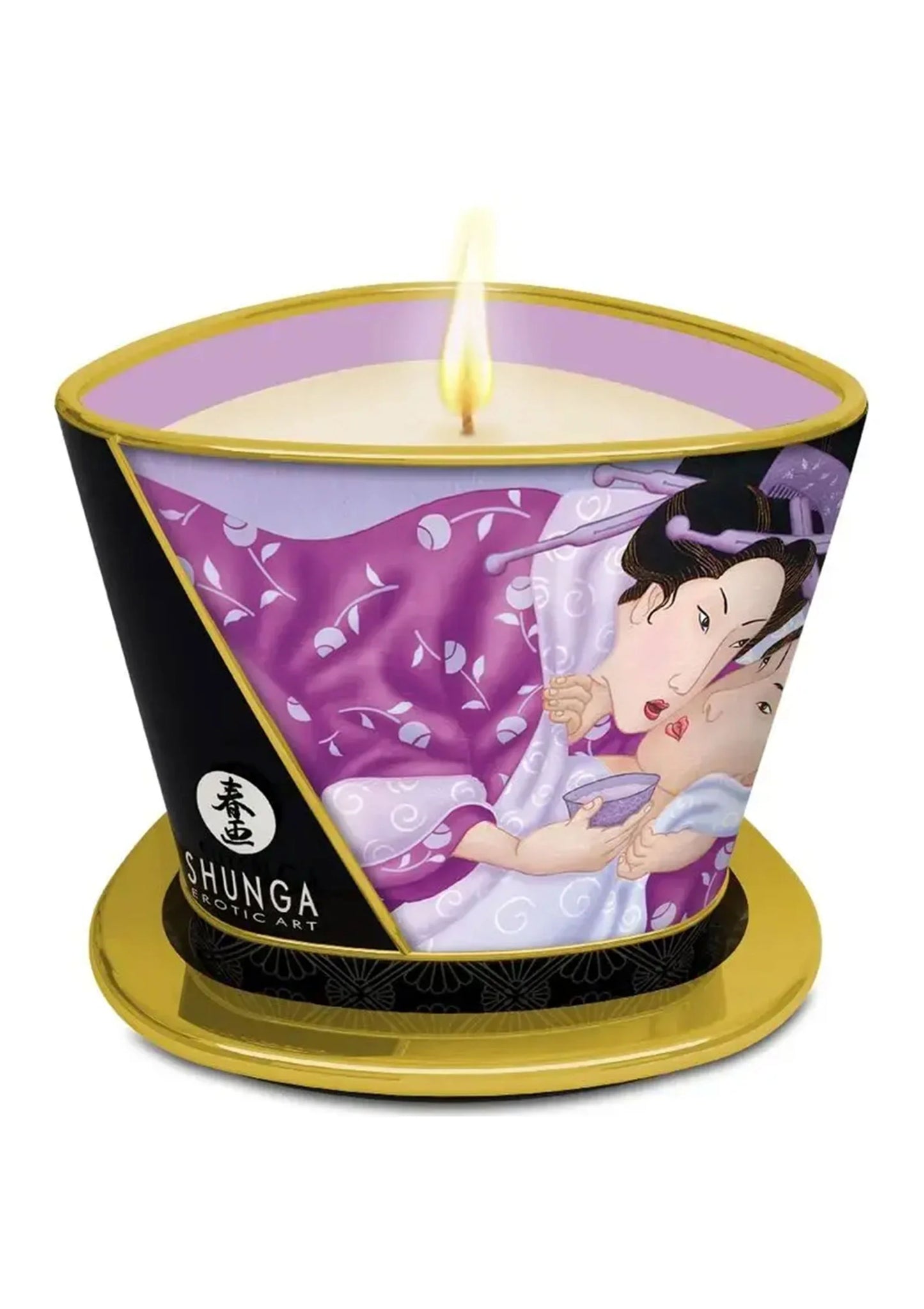 Massagekaars Shunga met kaarsvlam, paarse decoratieve illustratie, zwarte houder en goudkleurige voet.