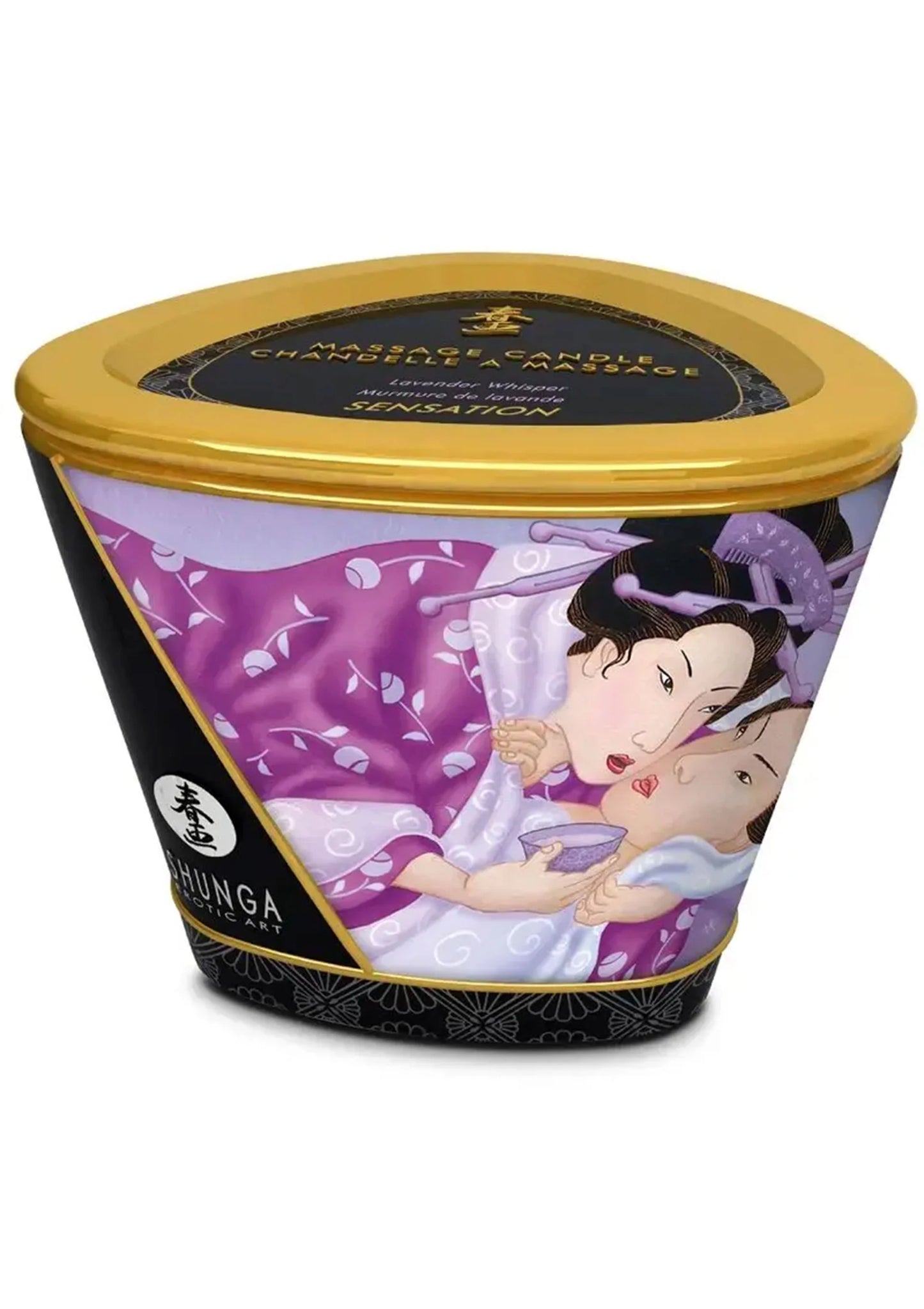 Massagekaars Shunga (170 ml) bovenaanzicht met paarse decoratie en goudkleurig deksel.