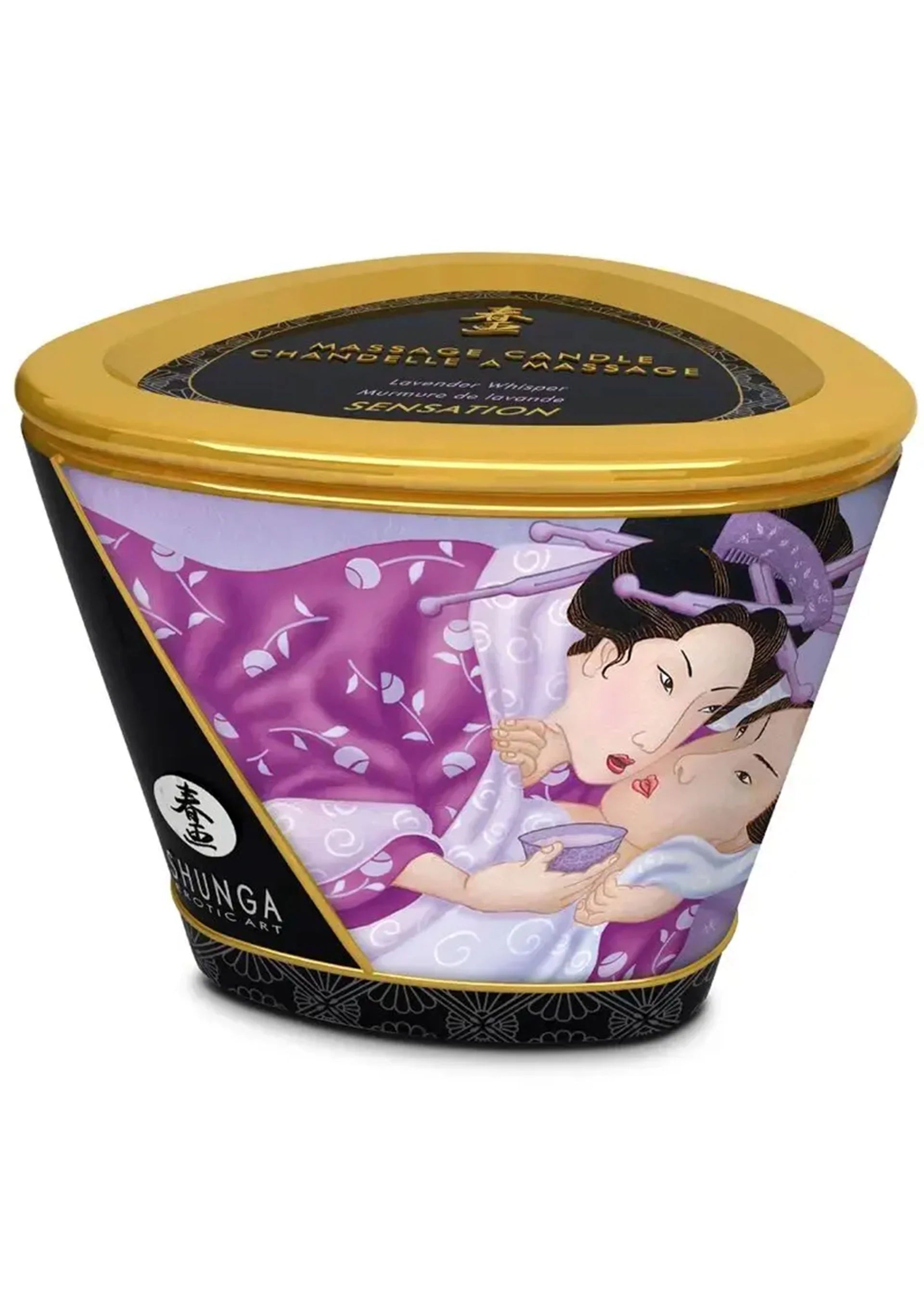 Massagekaars Shunga (170 ml) bovenaanzicht met paarse decoratie en goudkleurig deksel.