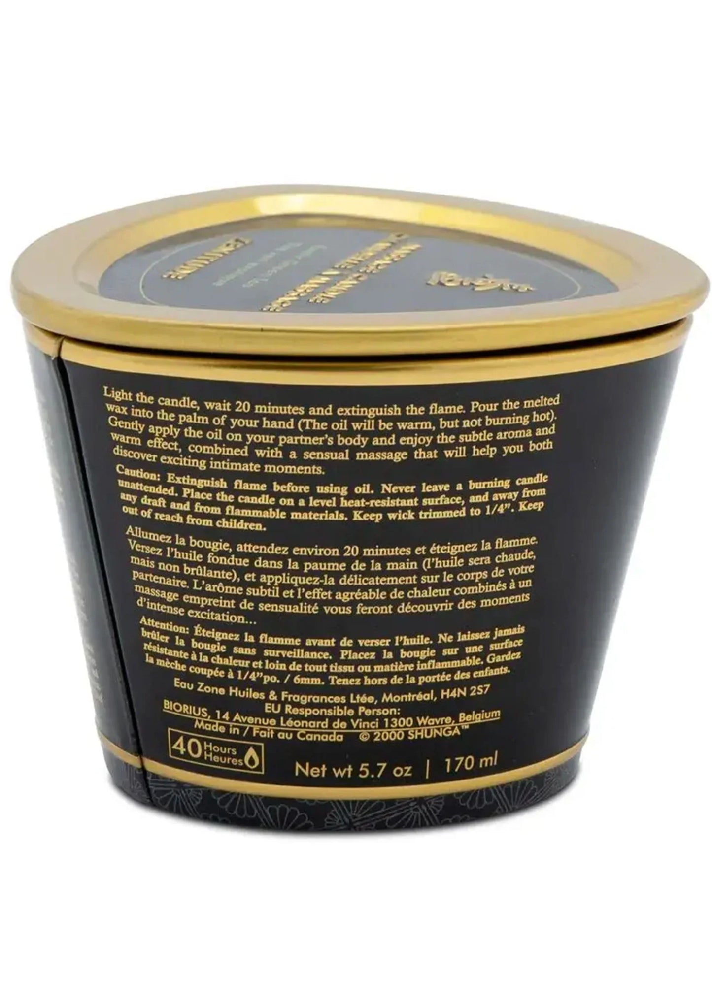 Massagekaars Shunga 170 ml onderzijde met gedrukte gebruiksinformatie, zwarte basis en goudkleurige rand.