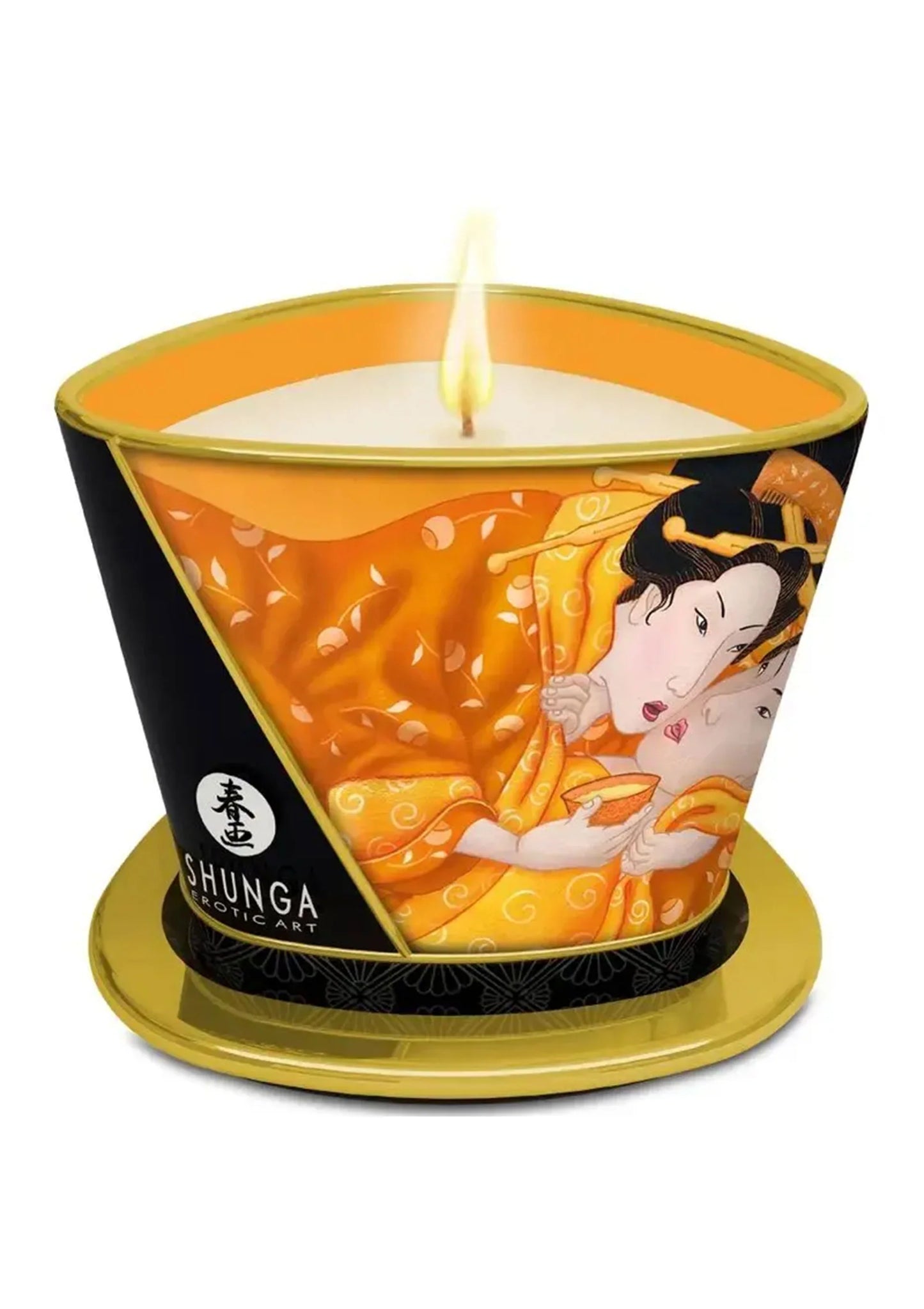 Massagekaars Shunga met kaarsvlam, oranje decoratieve illustratie, zwarte houder en goudkleurige voet.
