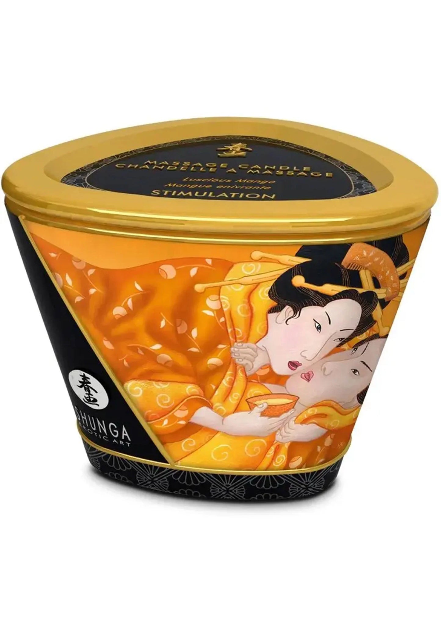 Massagekaars Shunga (170 ml) bovenaanzicht met oranje decoratie en goudkleurig deksel.